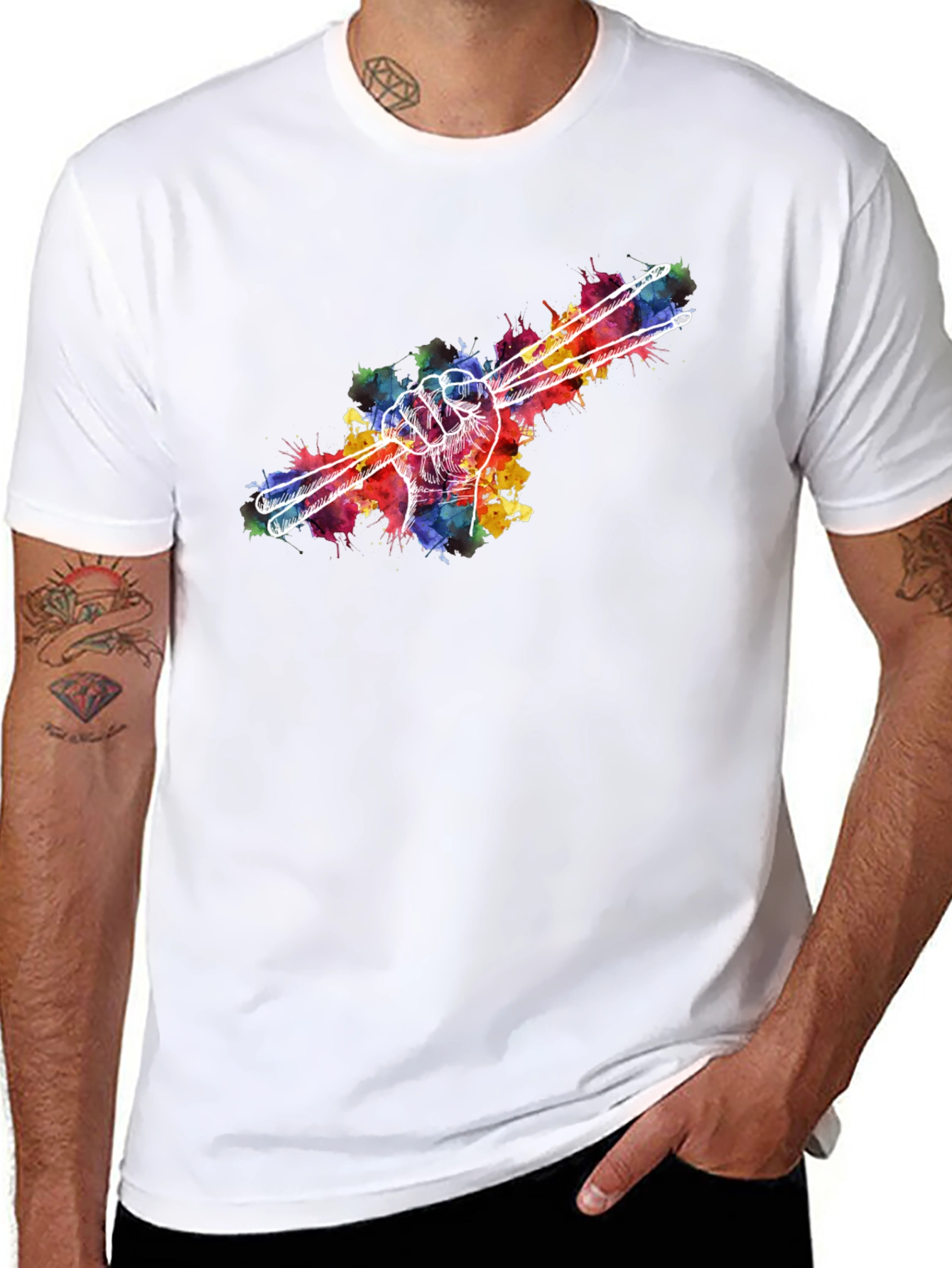 Black Drummer Hand Drumsticks Colorful T-Shirt view 8