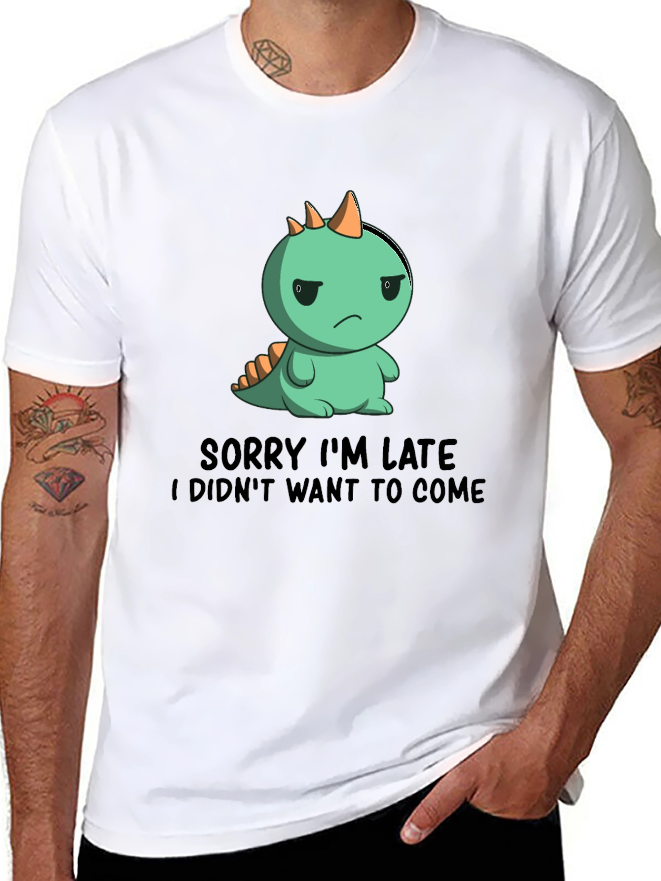Black Funny Dinosaur Sorry I'm Late Graphic T-Shirt view 8