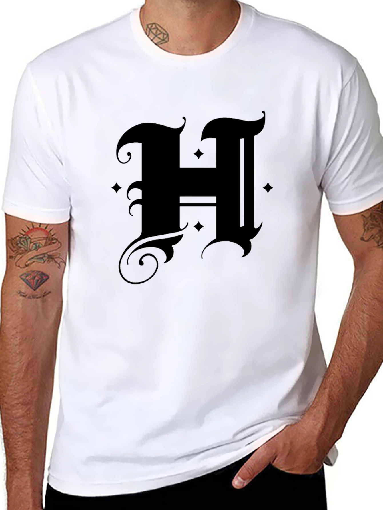 Black Gothic Initial "H" Black T-Shirt view 8