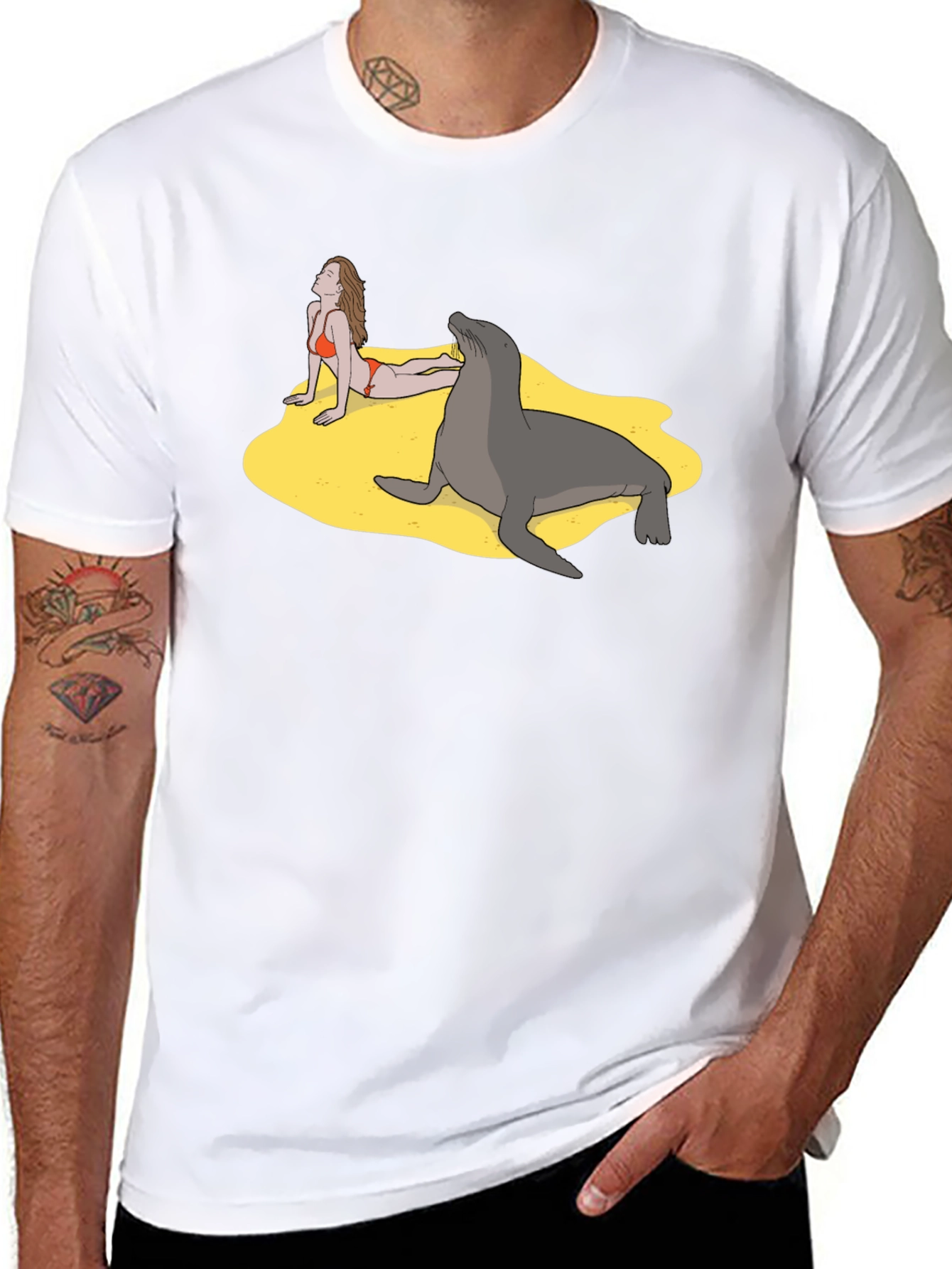 Black Funny Beach T-Shirt with Woman and Seal view 8