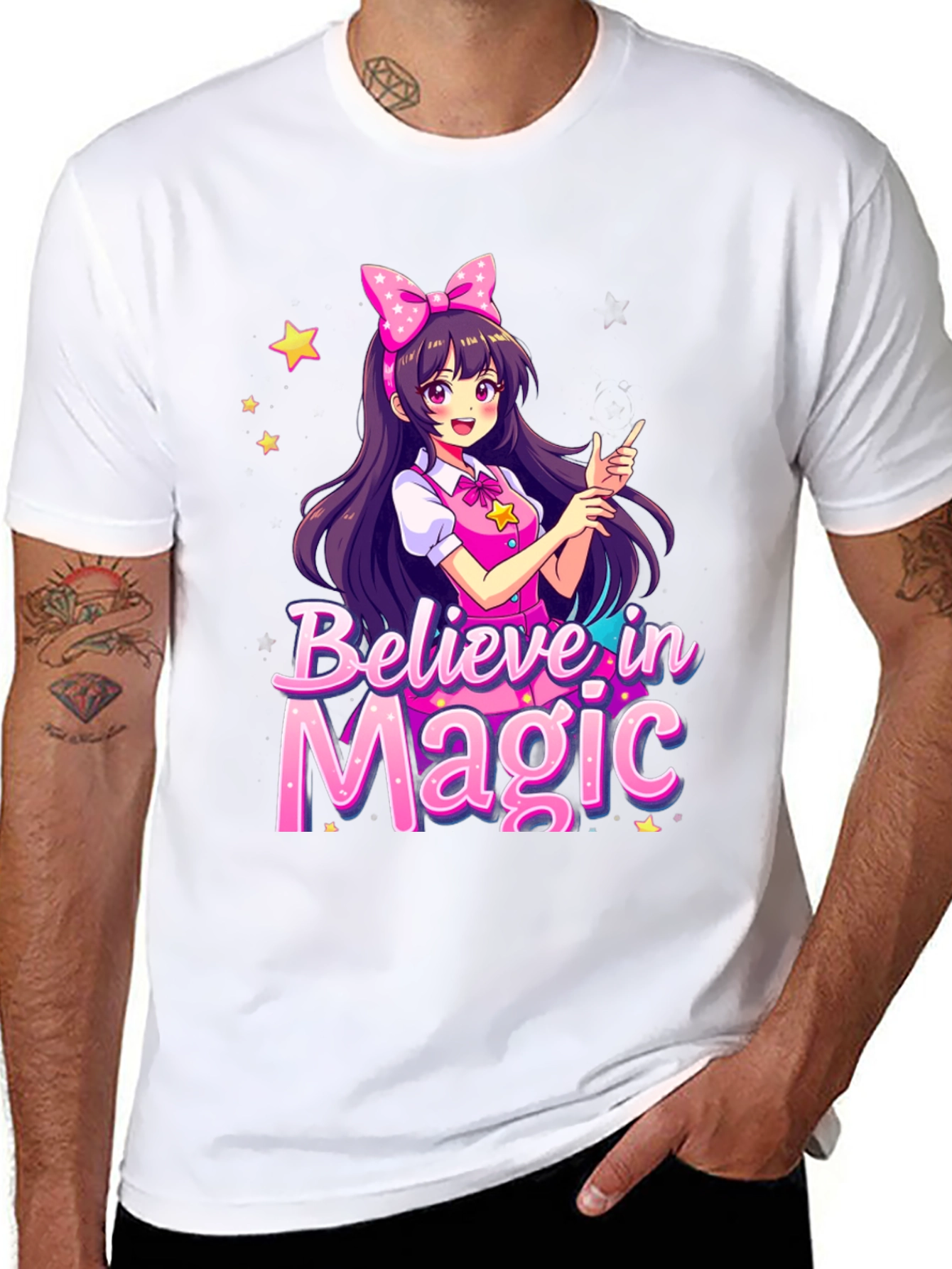 Black Believe in Magic Anime Girl Graphic T-Shirt view 8