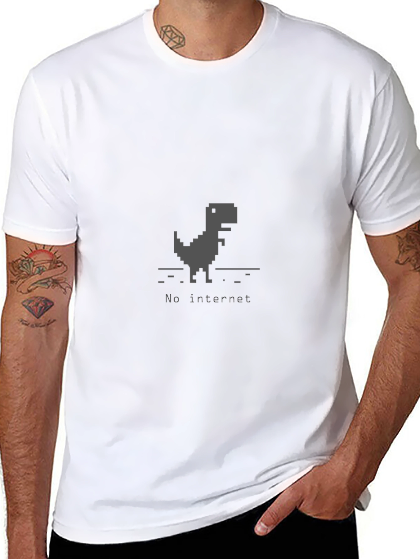 Black No Internet Dinosaur Black T-Shirt view 8