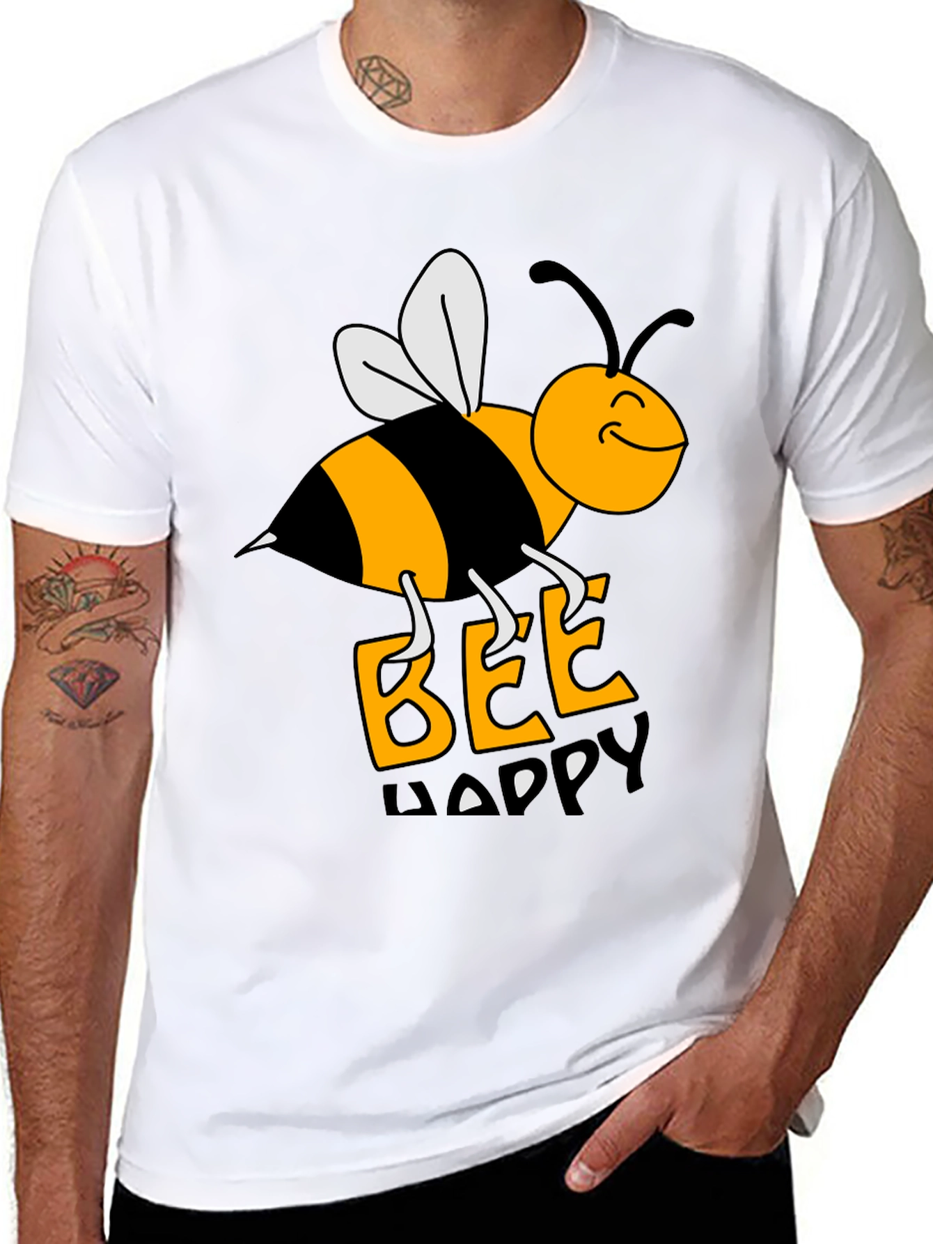 Black Bee Happy Graphic Tee - Black Cotton T-Shirt view 8