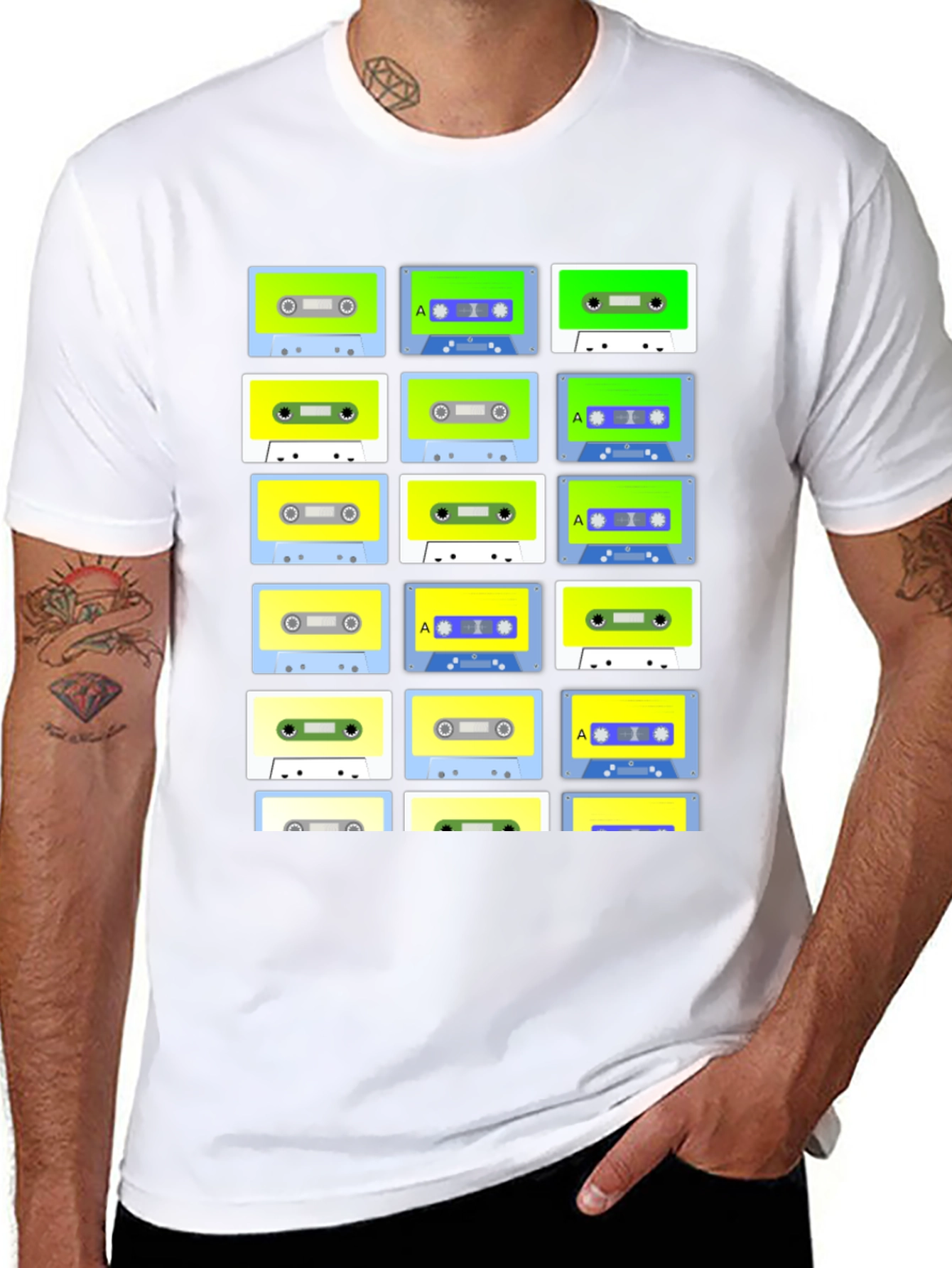 Black Retro Cassette Tape Pattern Black T-Shirt view 8