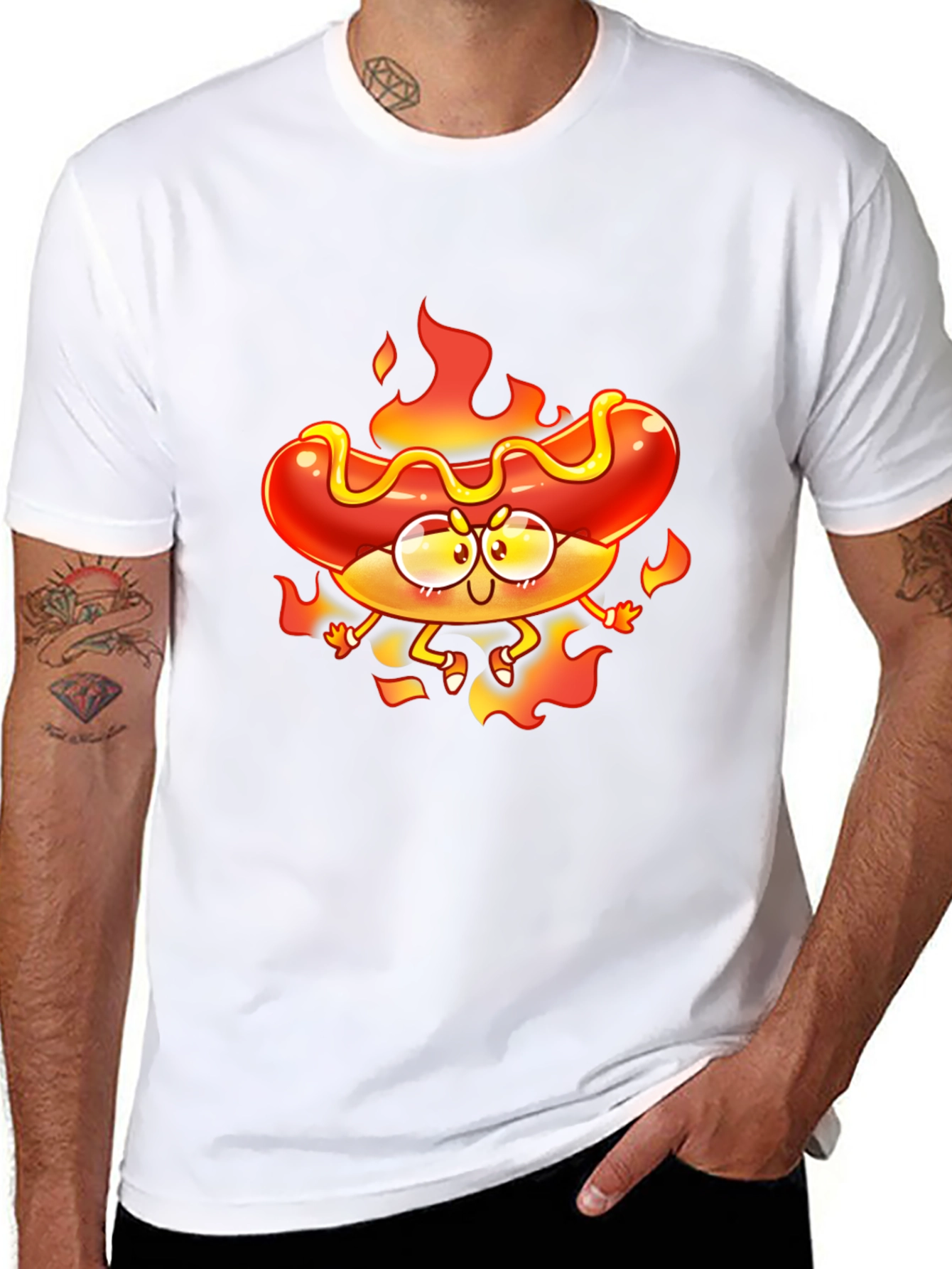Black Flaming Hotdog Cartoon Graphic T-Shirt view 8
