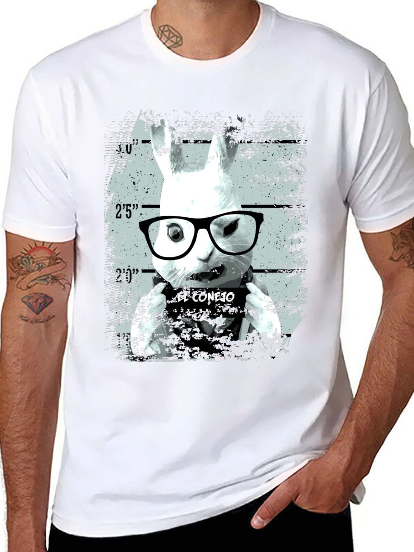 Black Funny Rabbit Mugshot Graphic Tee - Black view 8