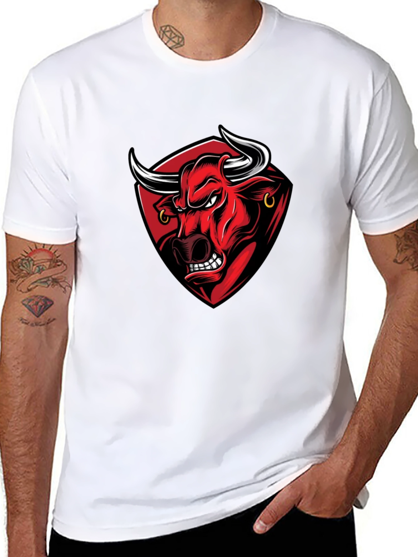 Black Men's Black Graphic Tee - Angry Bull Design view 8