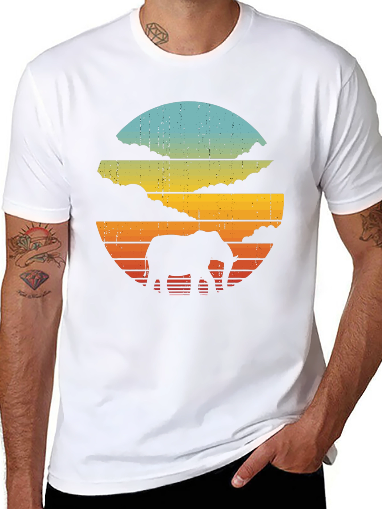Black Retro Elephant Sunset Black T-Shirt view 8