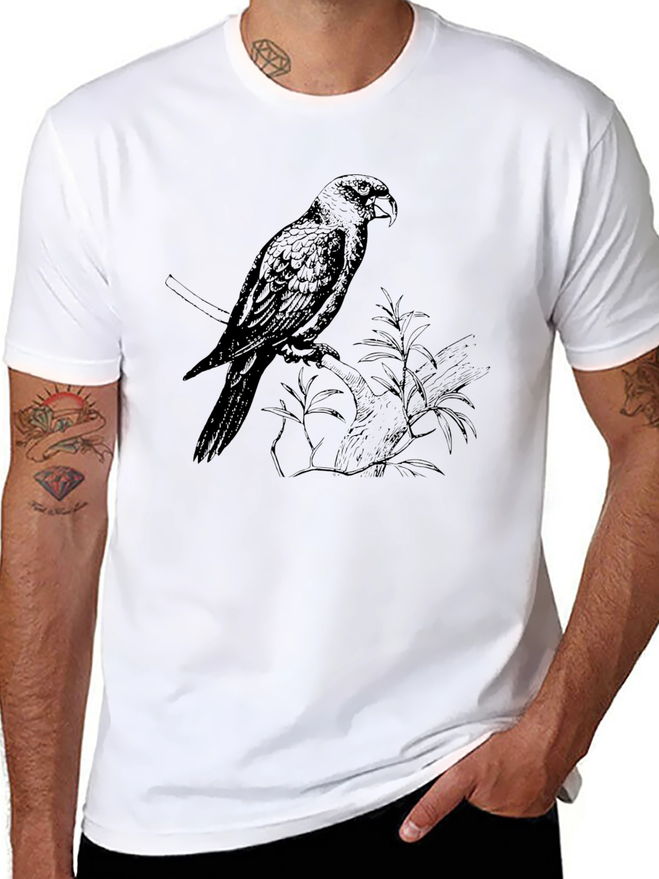 Black Men's Black T-Shirt with Parrot Print view 8