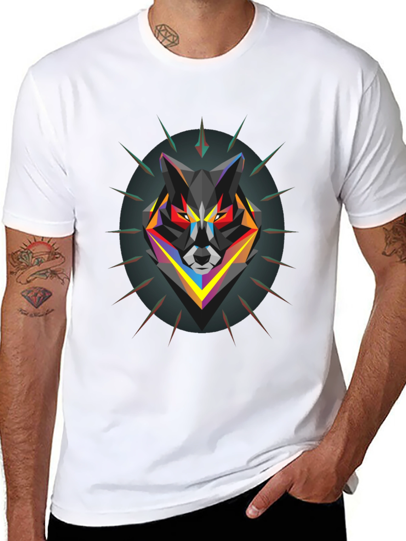 Black Geometric Wolf Graphic Black T-Shirt view 8