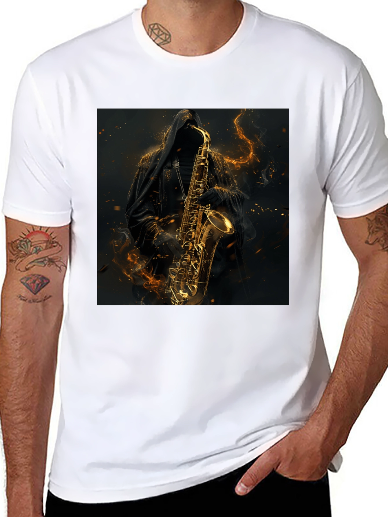Black Saxophone Reaper Graphic Black T-Shirt view 8