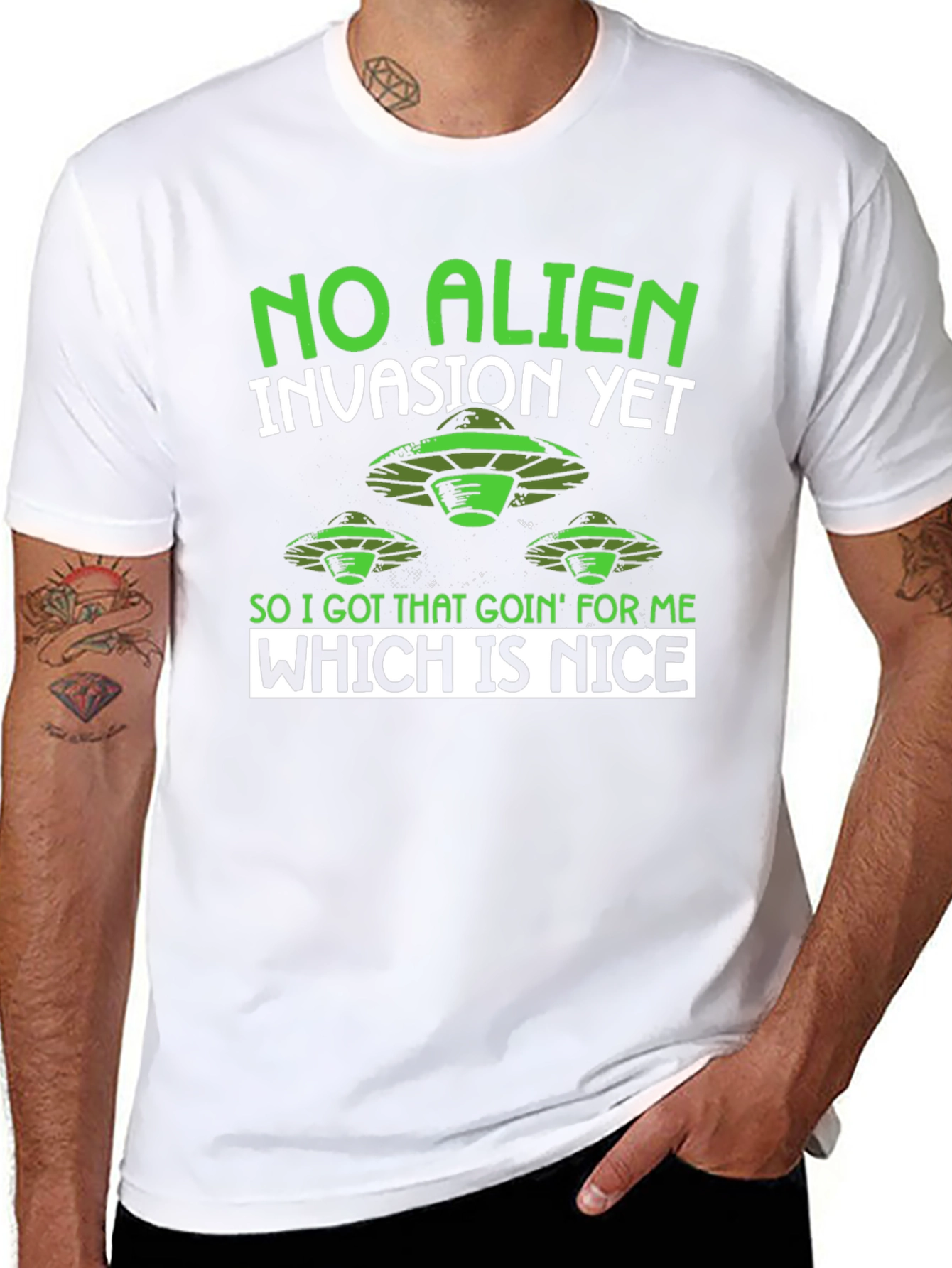 Black No Alien Invasion Humor Graphic T-Shirt view 8