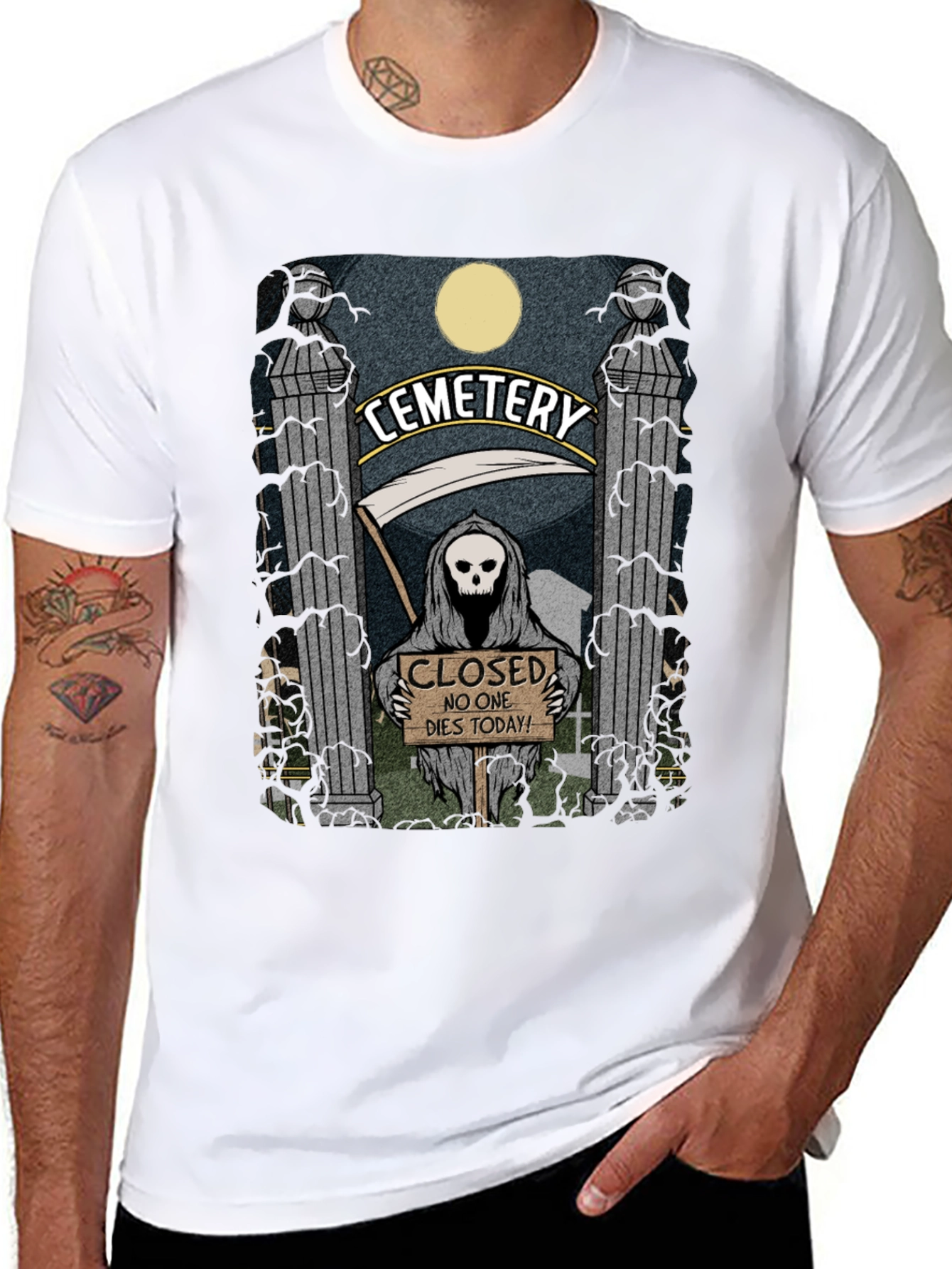 Black Cemetery Reaper Graphic T-Shirt - No One Dies Today view 8