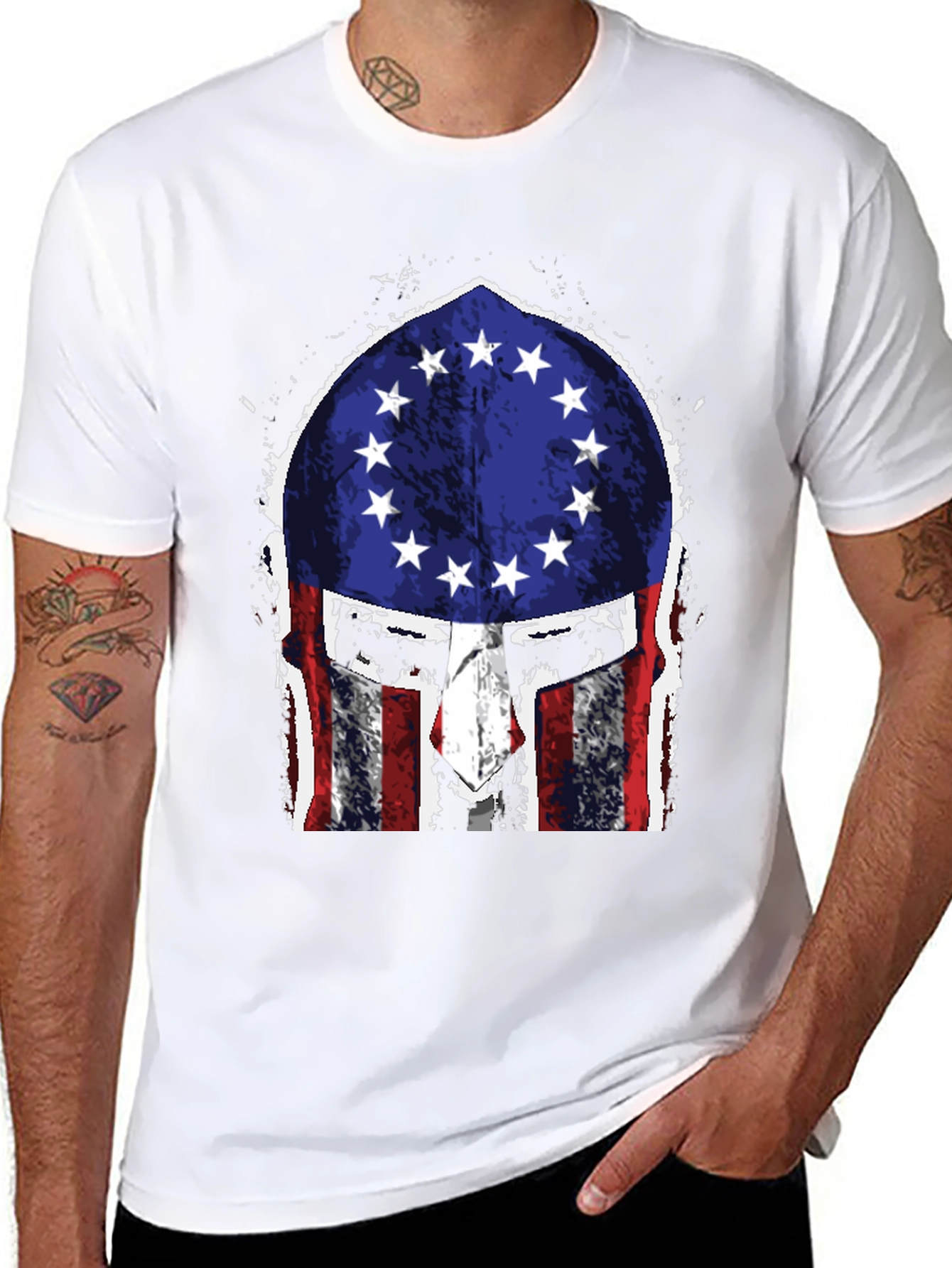 Black American Flag Spartan Helmet T-Shirt view 8