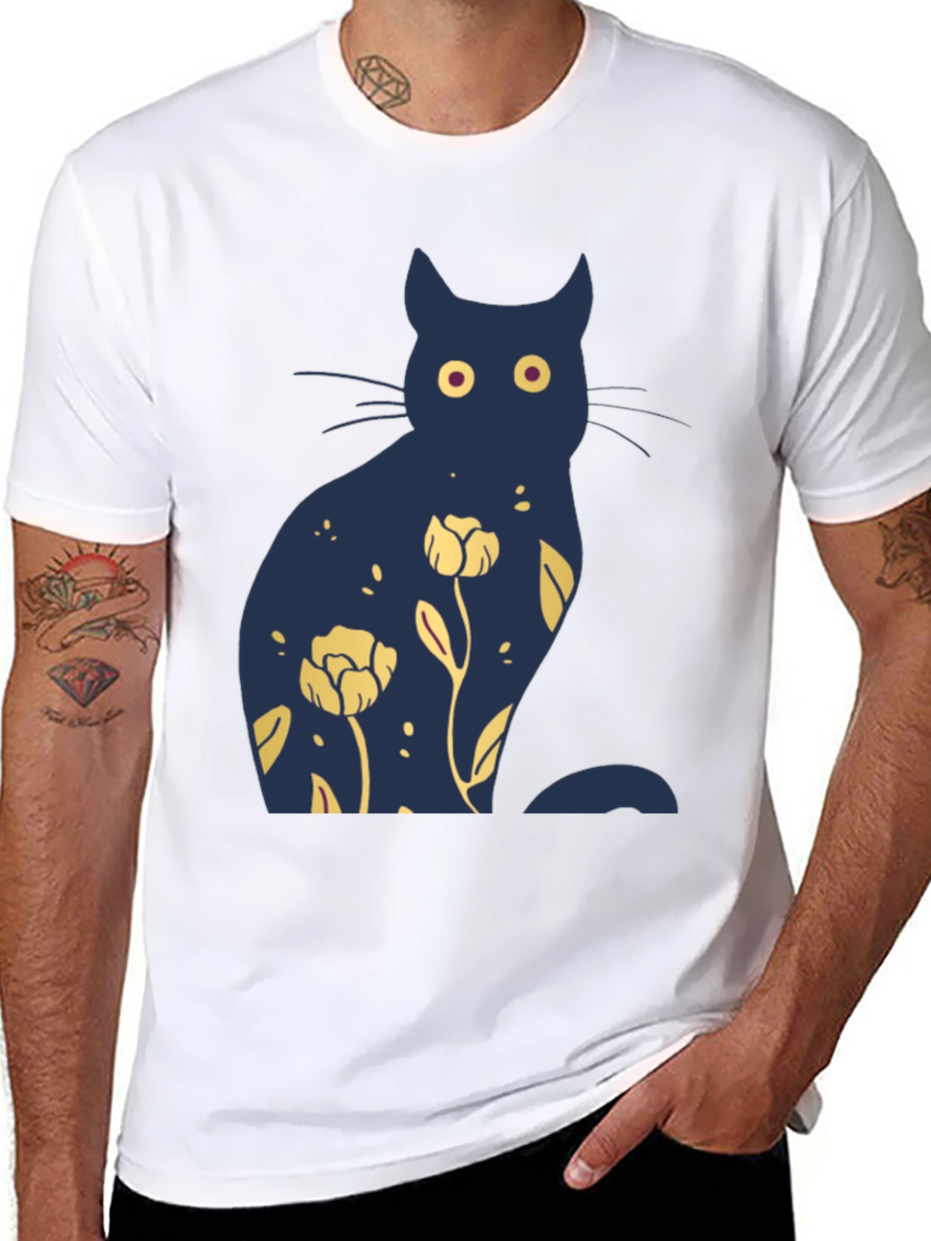 Black Floral Cat Graphic Tee - Unique Design view 8