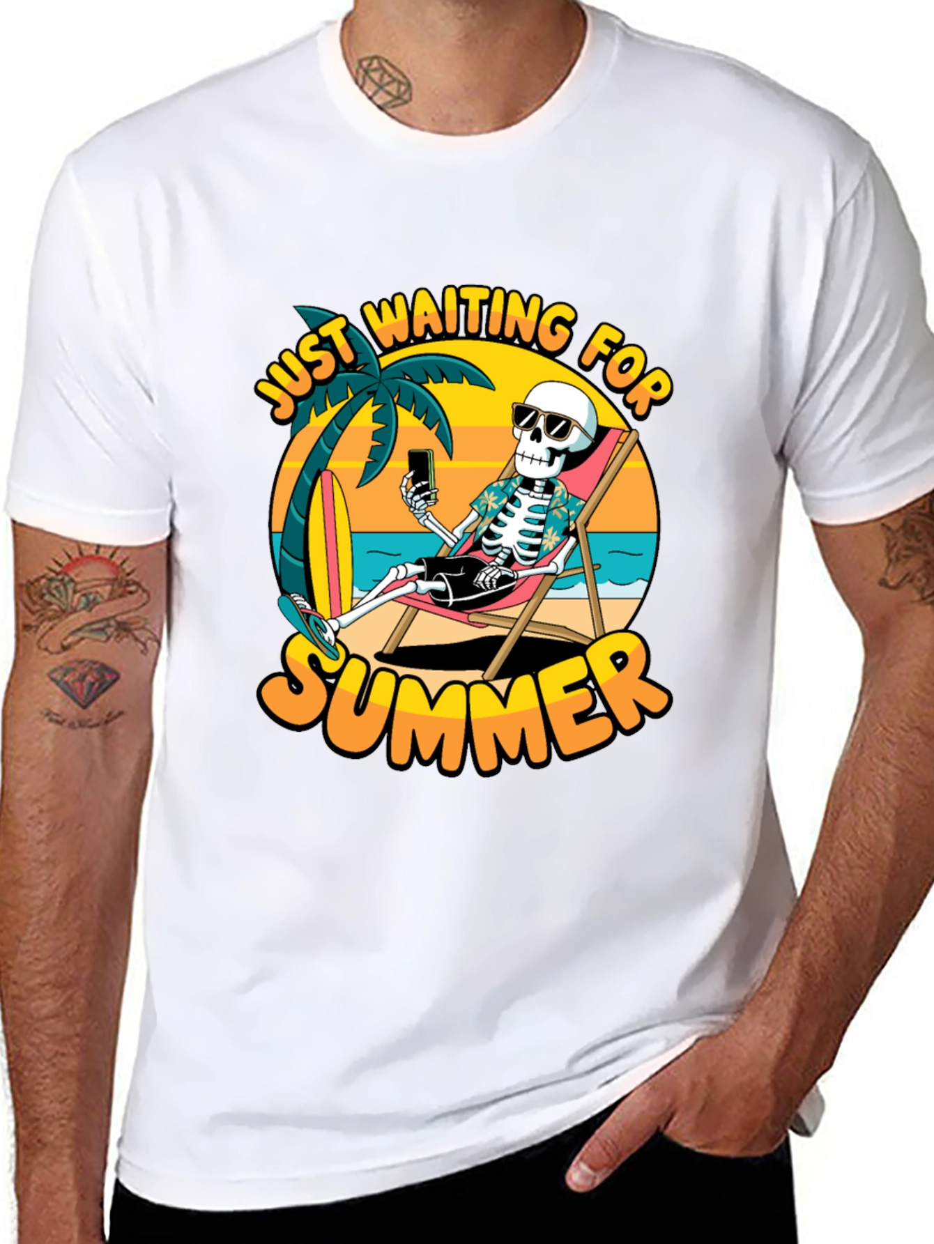 Black Just Waiting For Summer T-Shirt - Skeleton Beach Design view 8