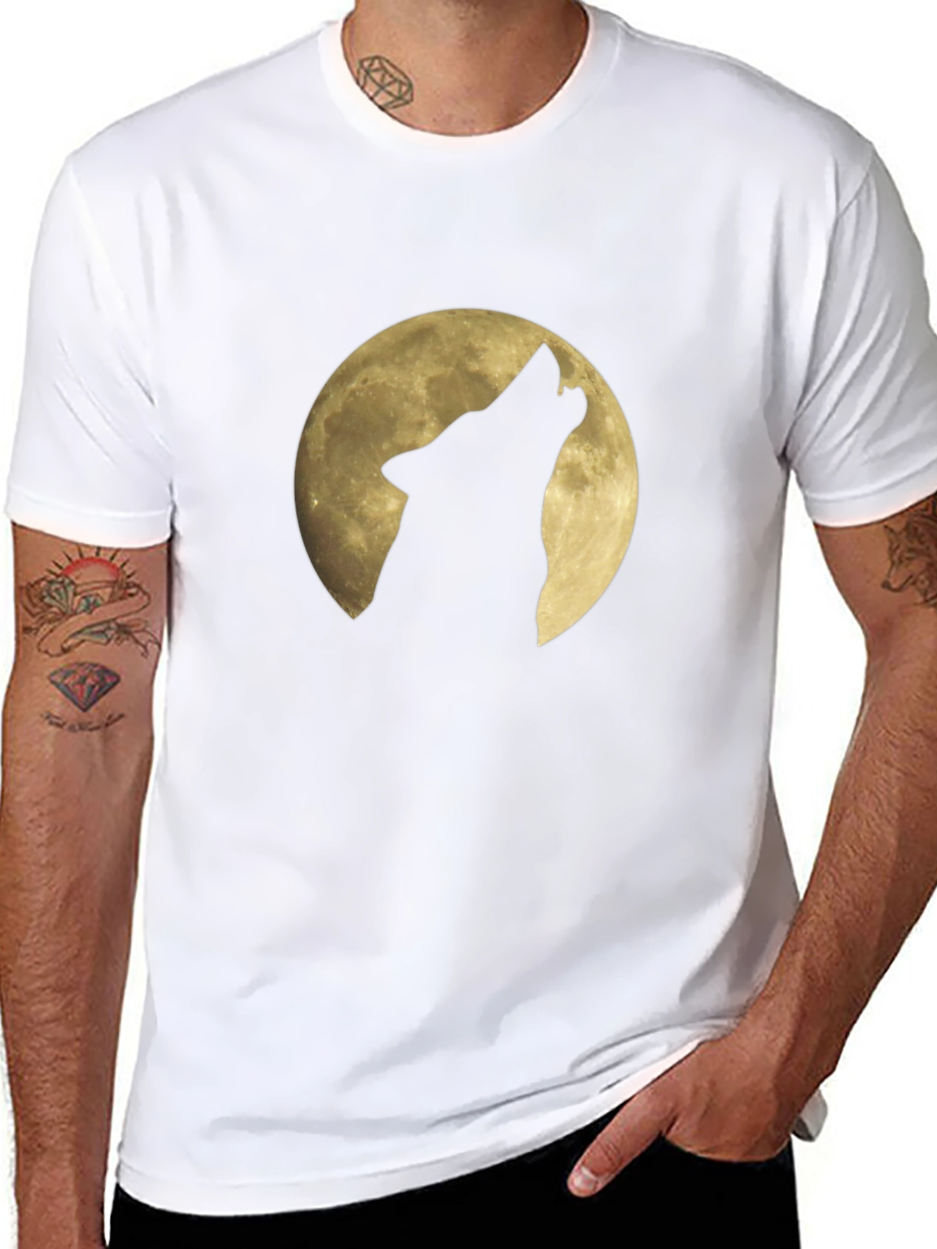 Black Wolf Howling at Moon Graphic Black T-Shirt view 8
