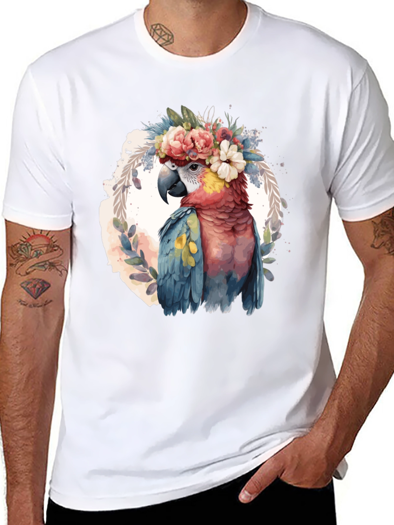 Black Parrot Floral Crown T-Shirt - Men's Black Tee view 8