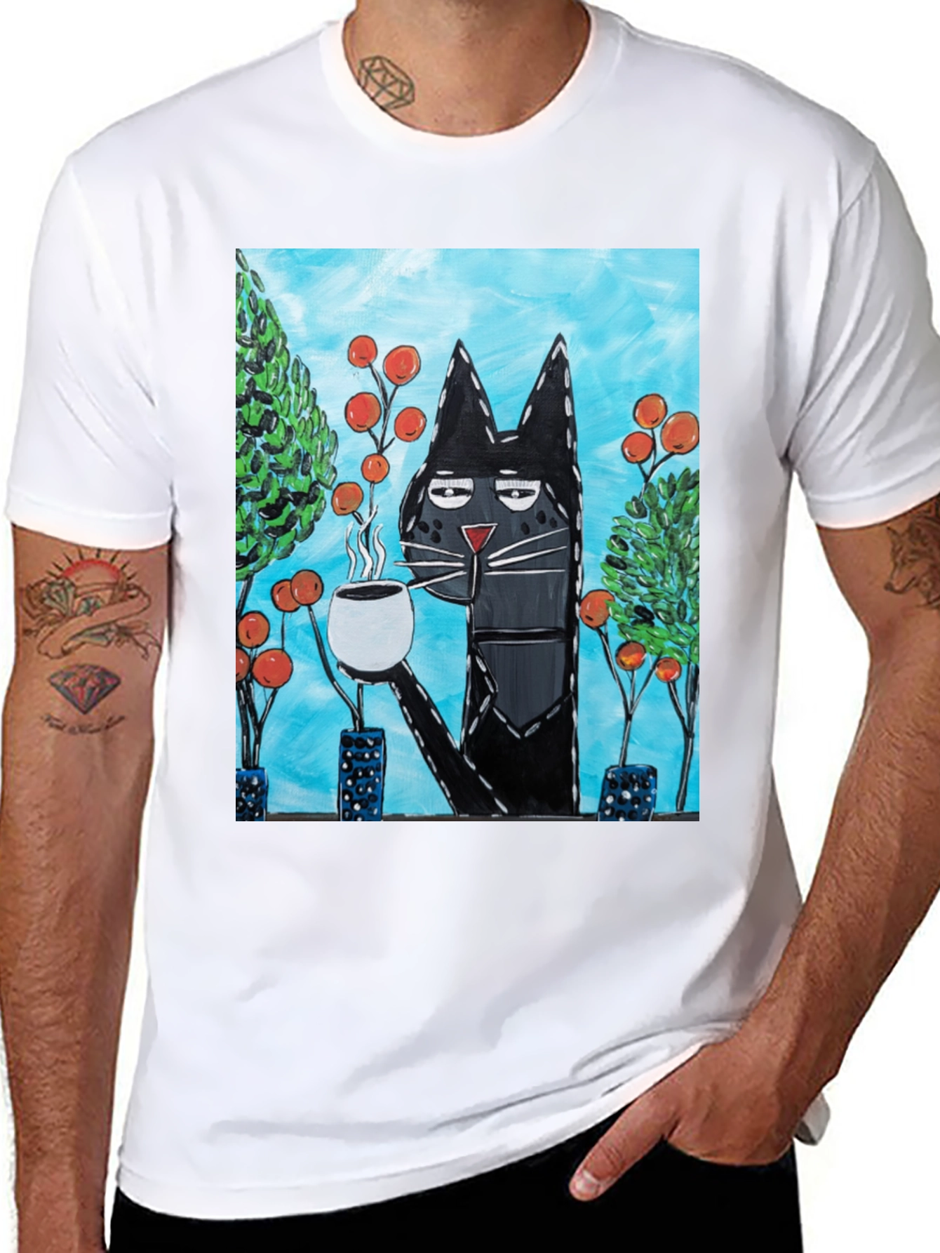 Black Cool Cat Sipping Coffee T-Shirt view 8