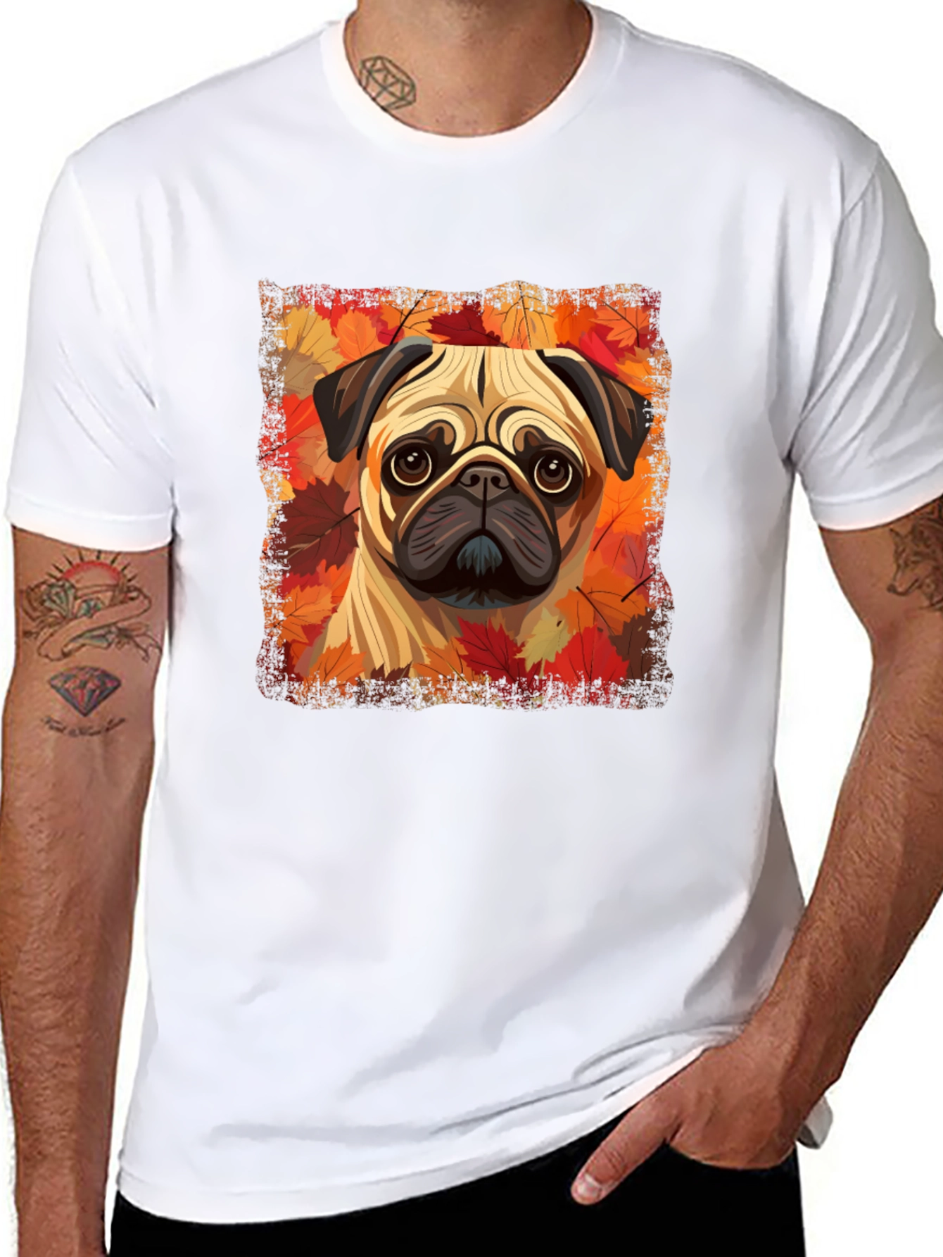 Black Pug in Autumn Leaves Graphic T-Shirt view 8