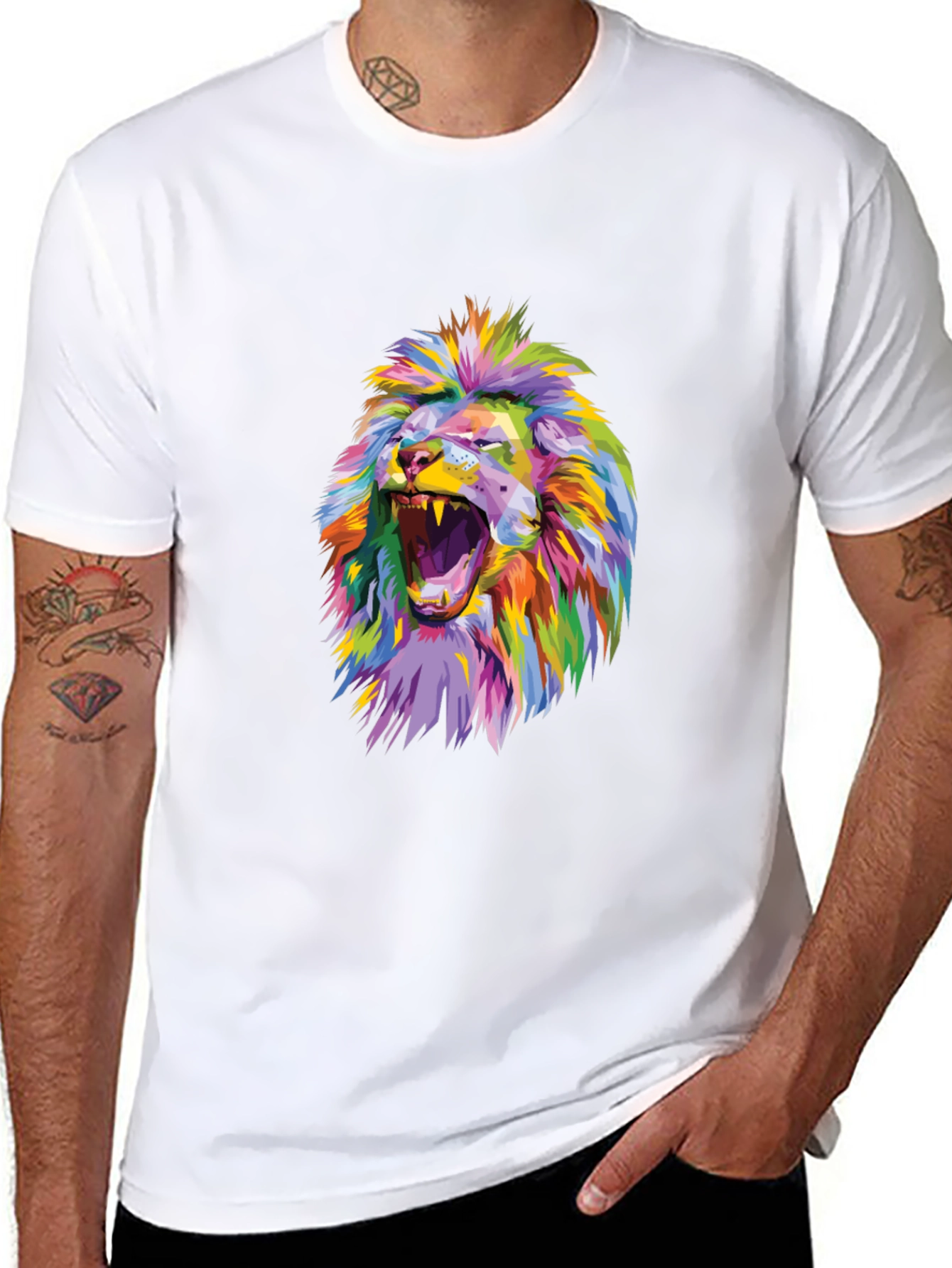 Black Colorful Lion Graphic Print Black T-Shirt view 8