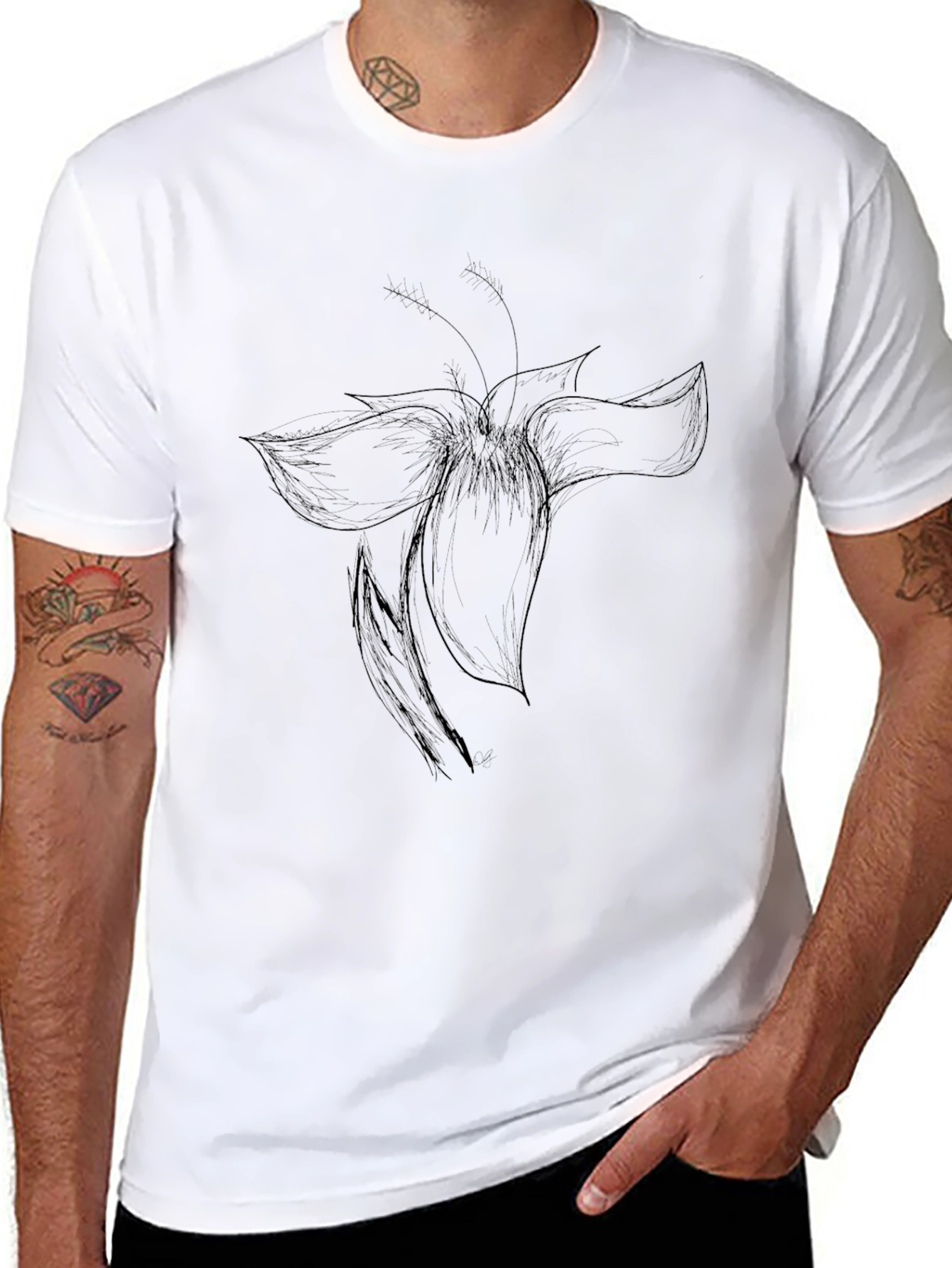 Black Black T-Shirt with Flower Sketch view 8