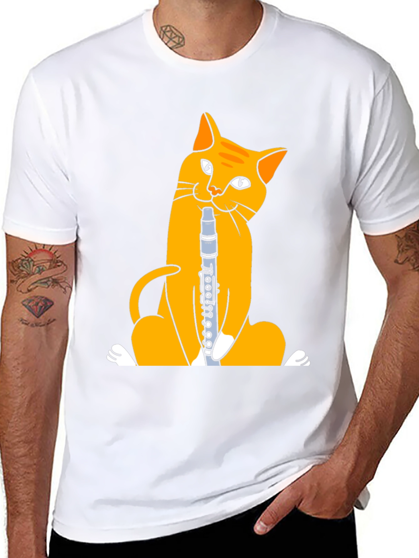 Black Cat Playing Clarinet T-Shirt - Black Cotton Tee view 8