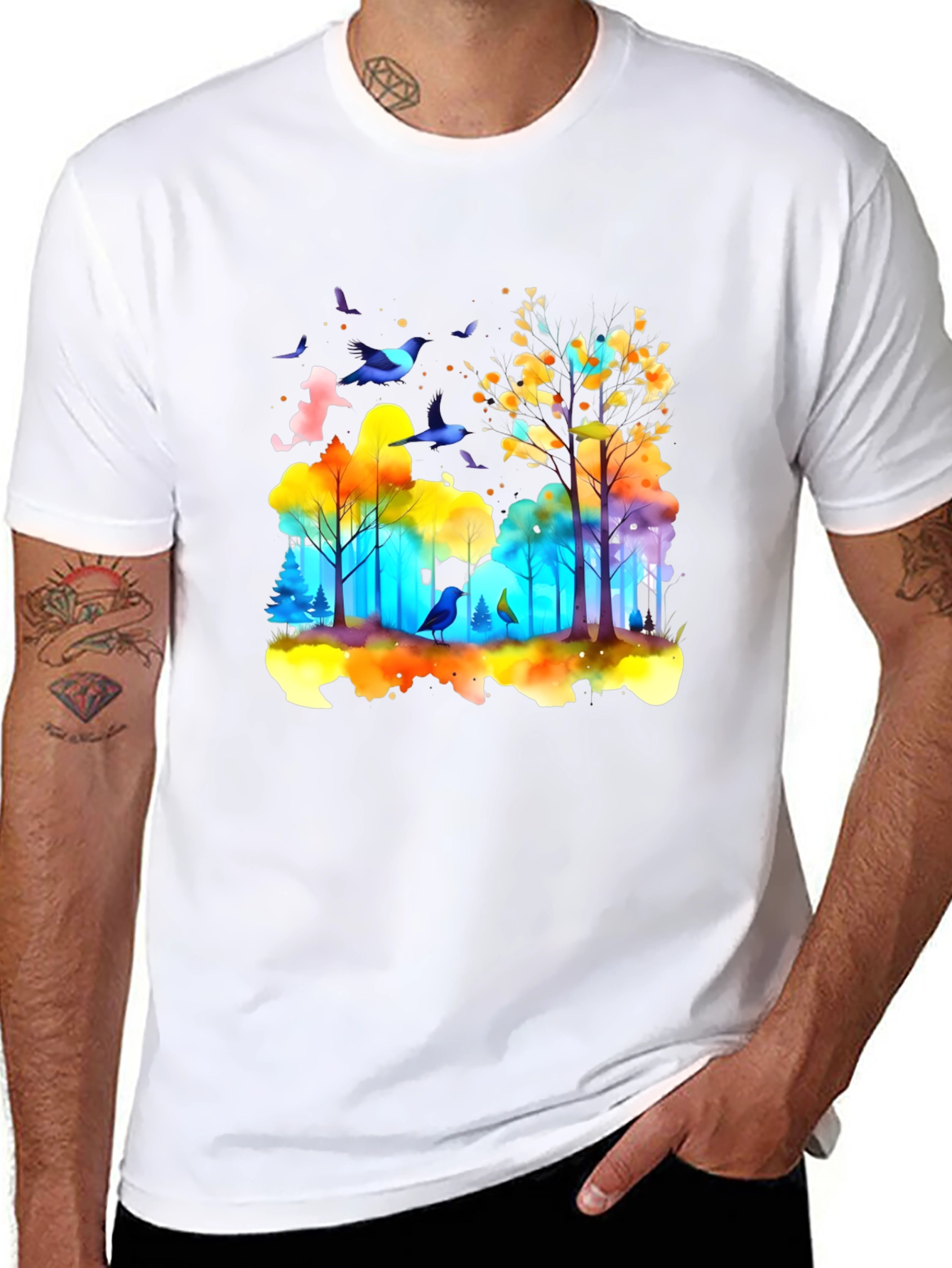 Black Watercolor Forest Birds T-Shirt view 8