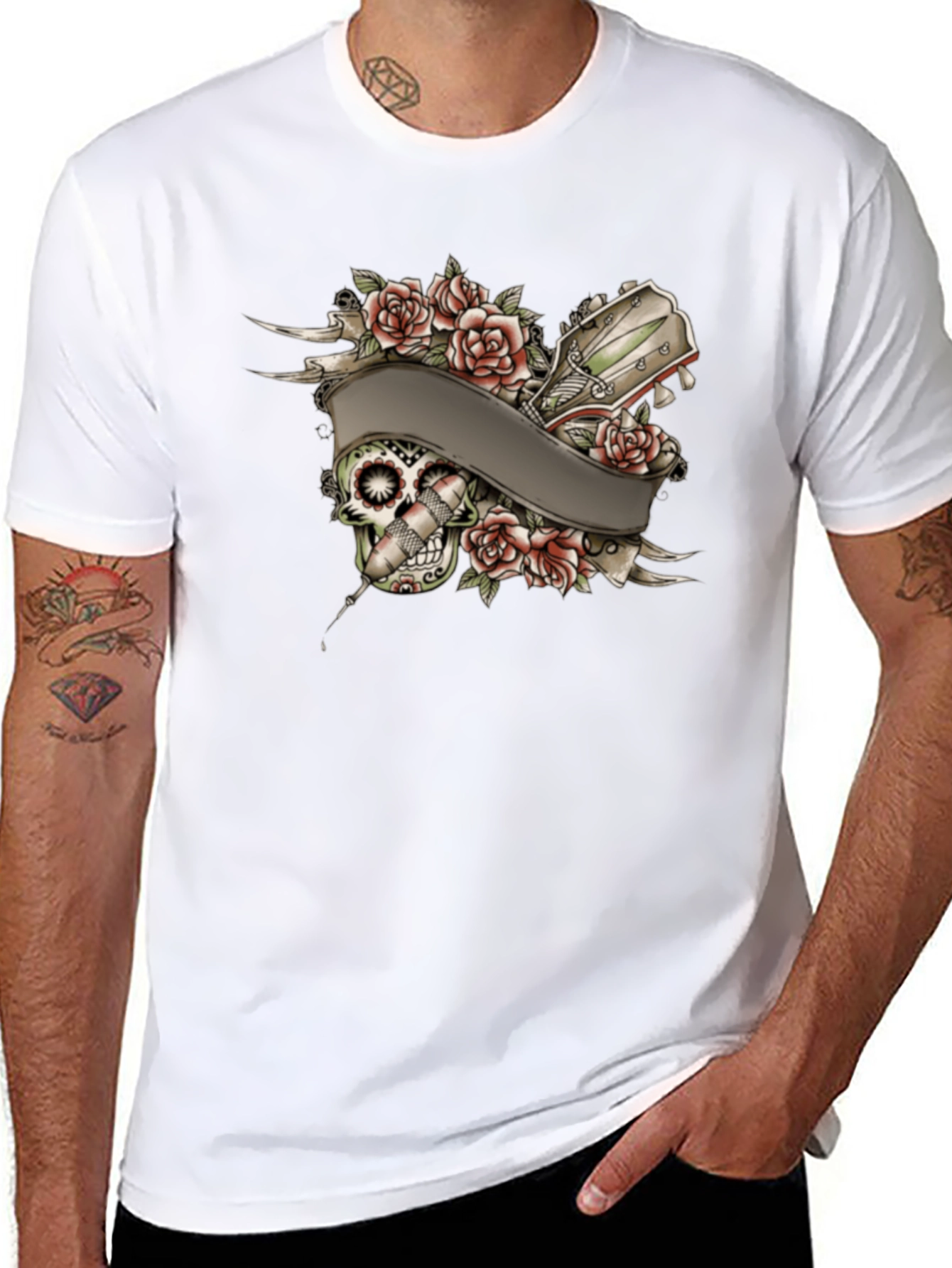 Black Skull Roses Tattoo Style Graphic Tee view 8