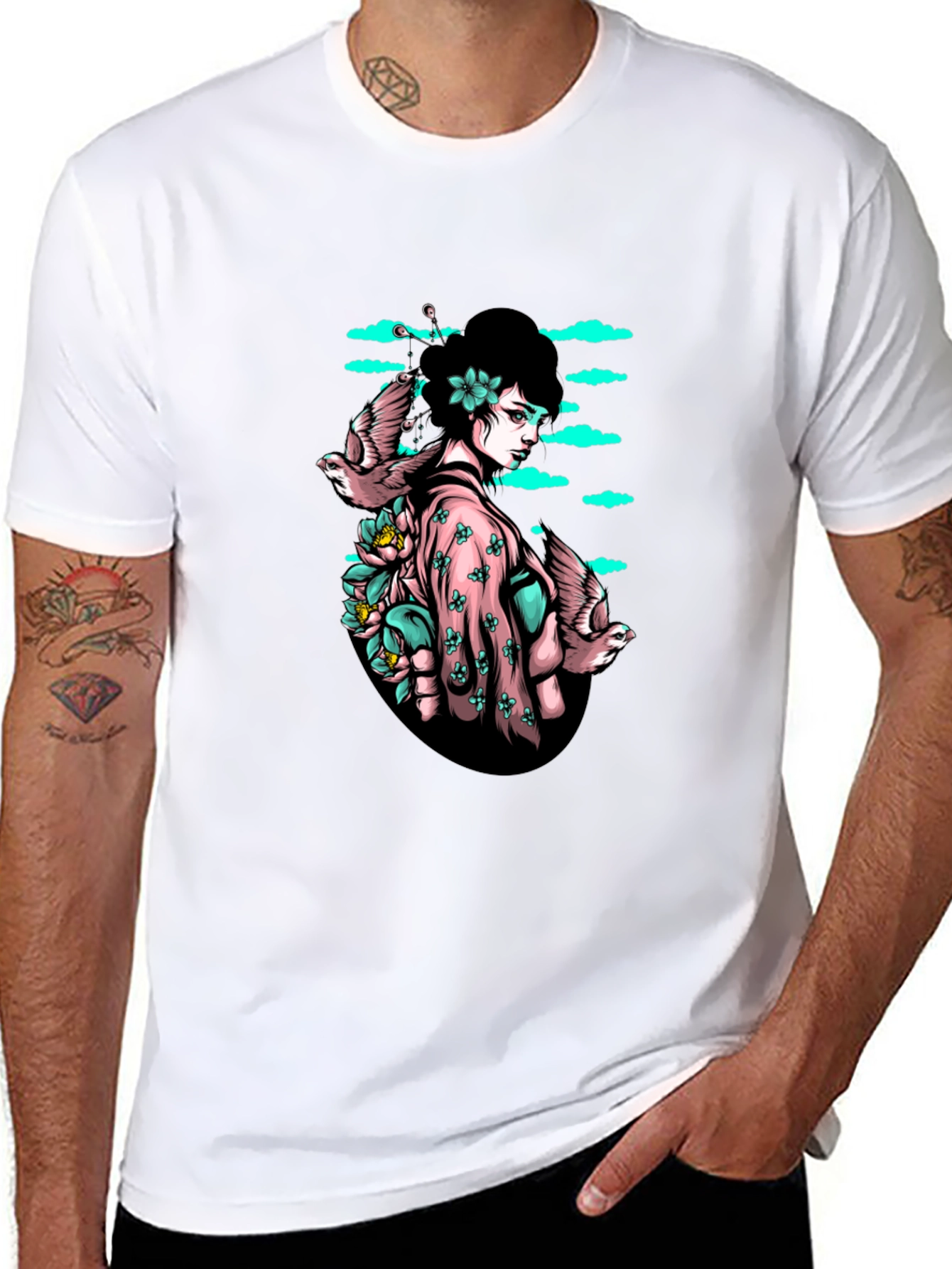 Black Geisha & Birds Graphic Tee - Unique Black T-Shirt view 8