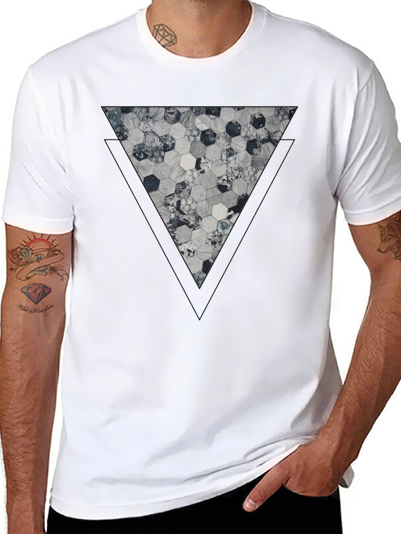 Black Geometric Hexagon Triangle Graphic Tee - Black view 8