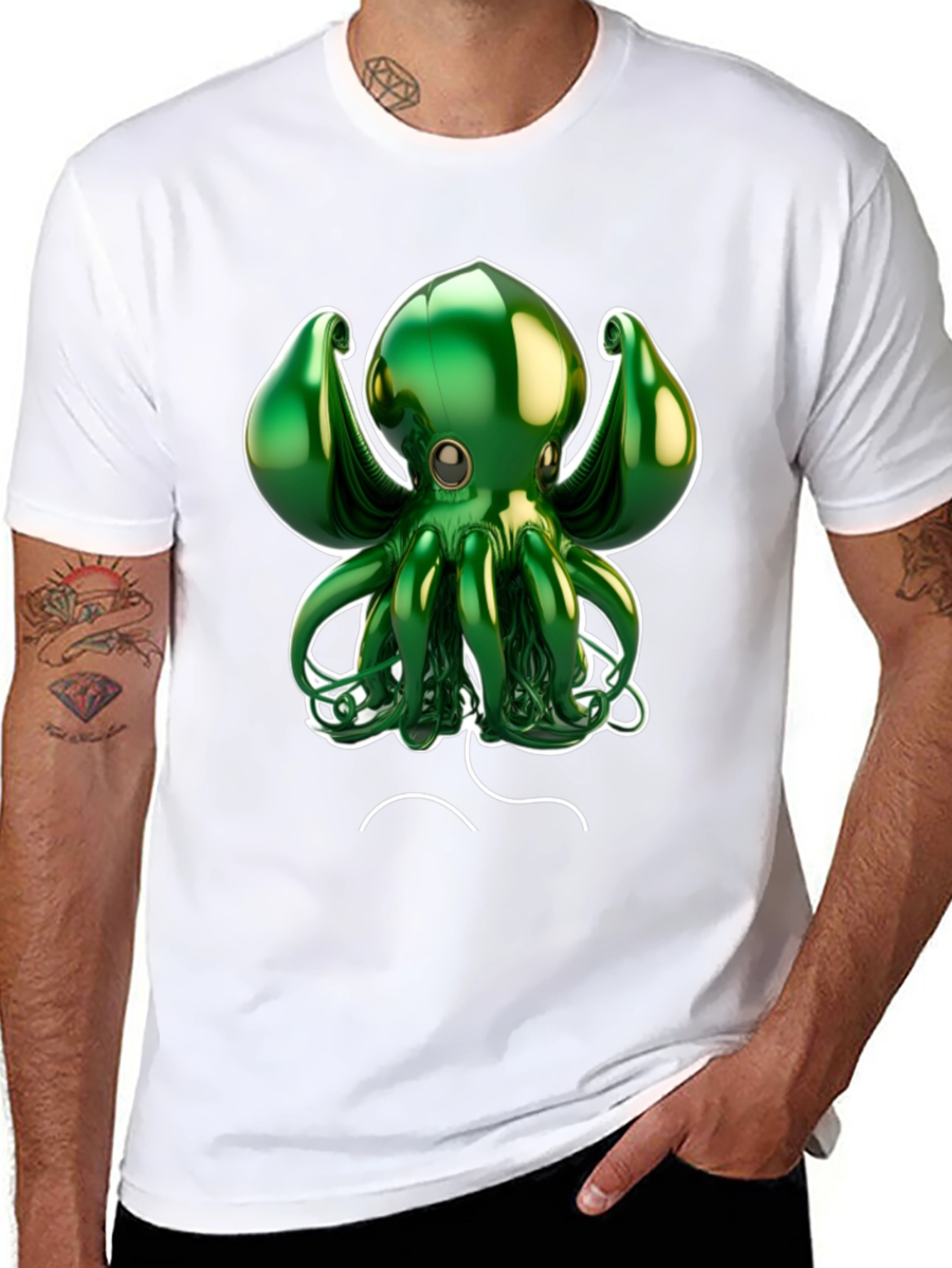 Black Green Octopus Graphic Tee - Black Cotton Blend view 8