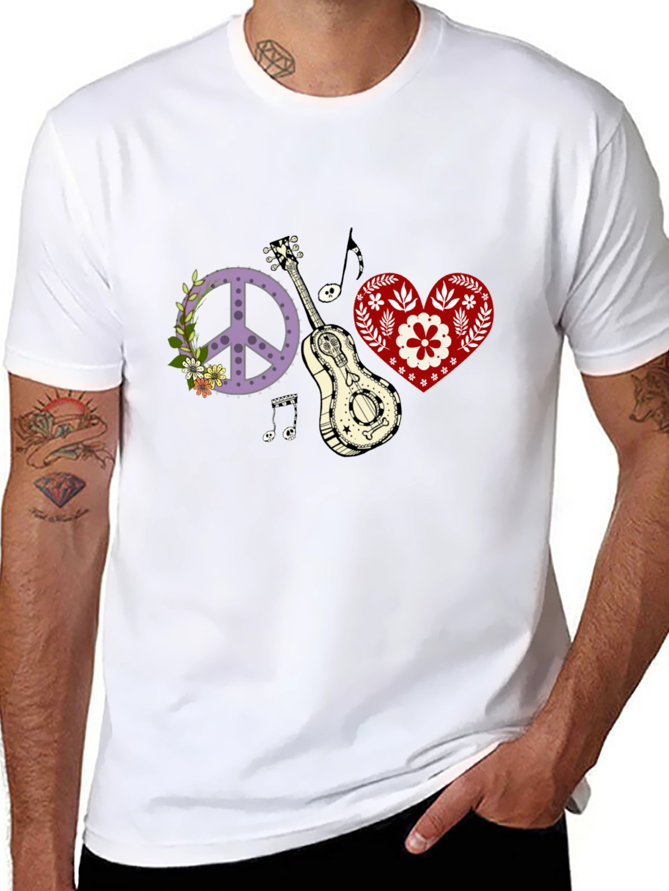 Black Peace, Love & Music T-Shirt - Black Cotton Tee view 8