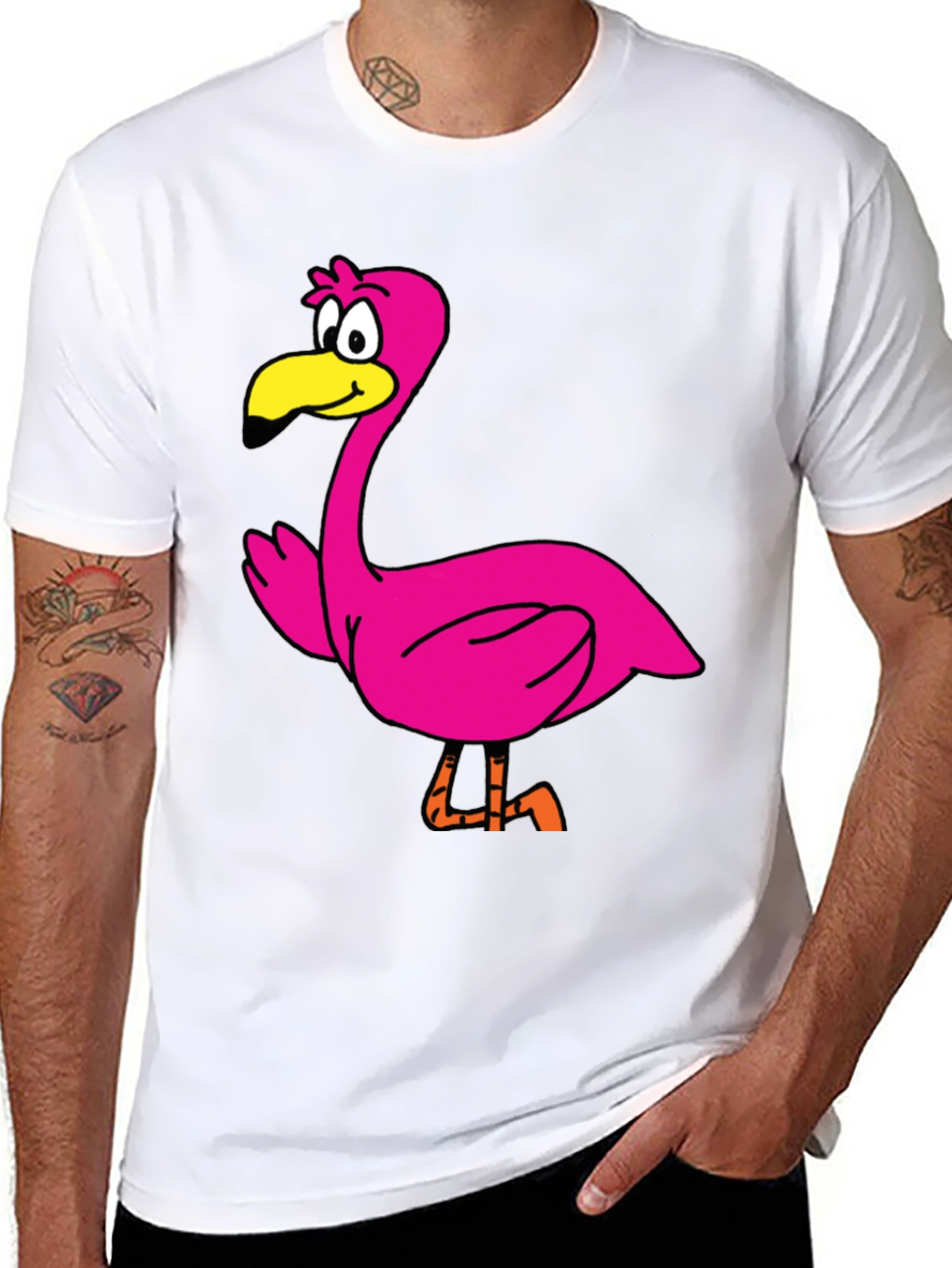 Black Cartoon Flamingo Graphic Tee - Black Unisex T-Shirt view 8