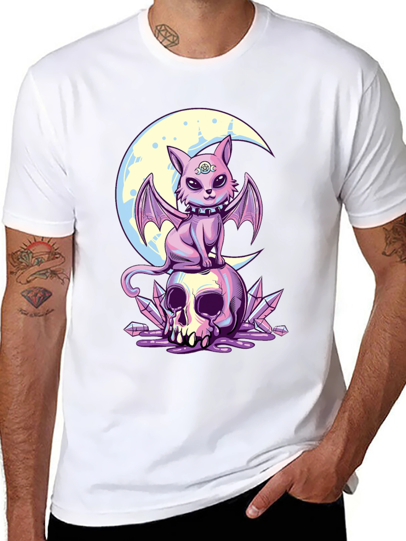 Black Skull Moon Bat Cat Graphic T-Shirt view 8