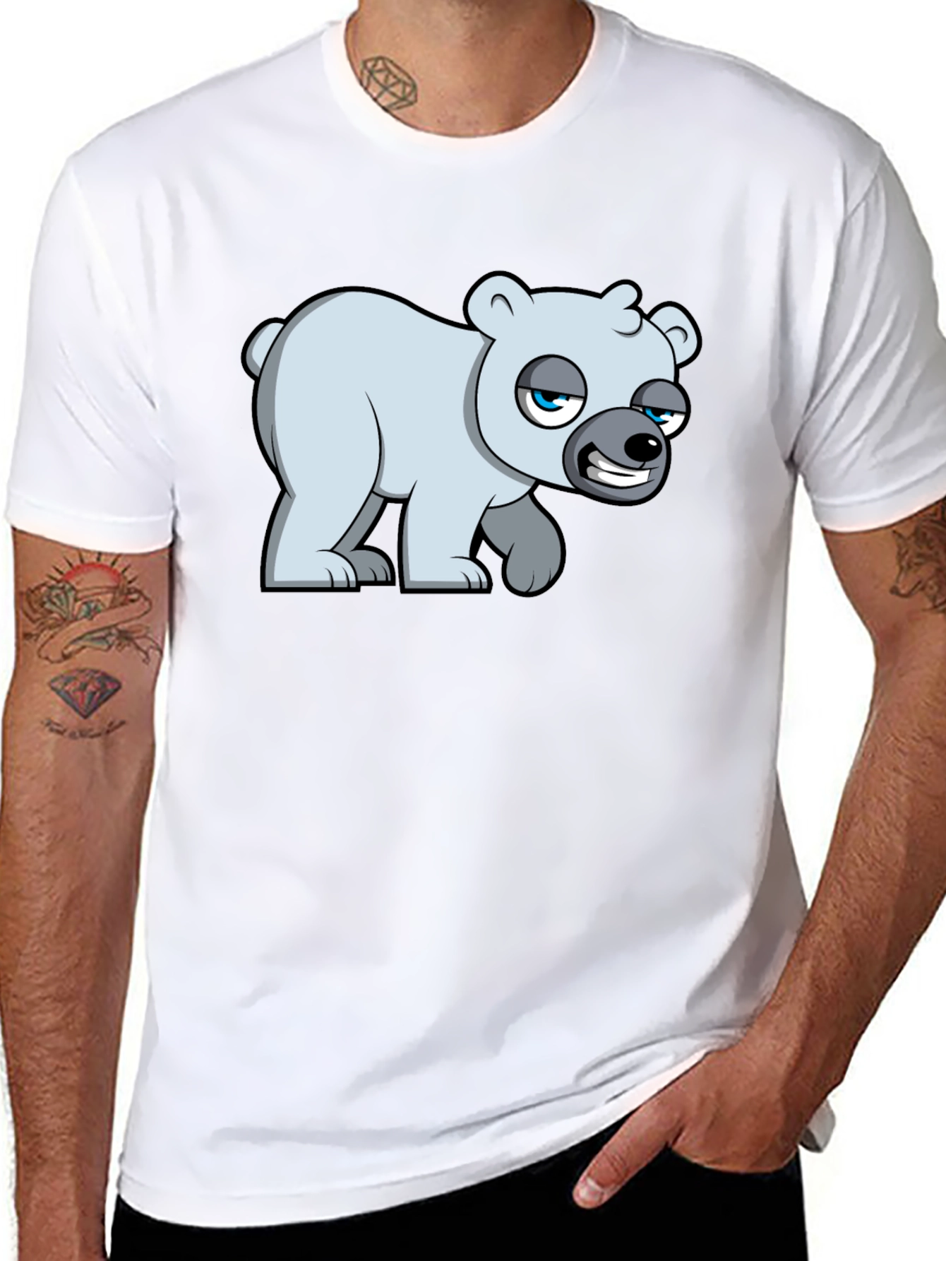 Black Cartoon Polar Bear Graphic T-Shirt - Black Cotton Blend view 8