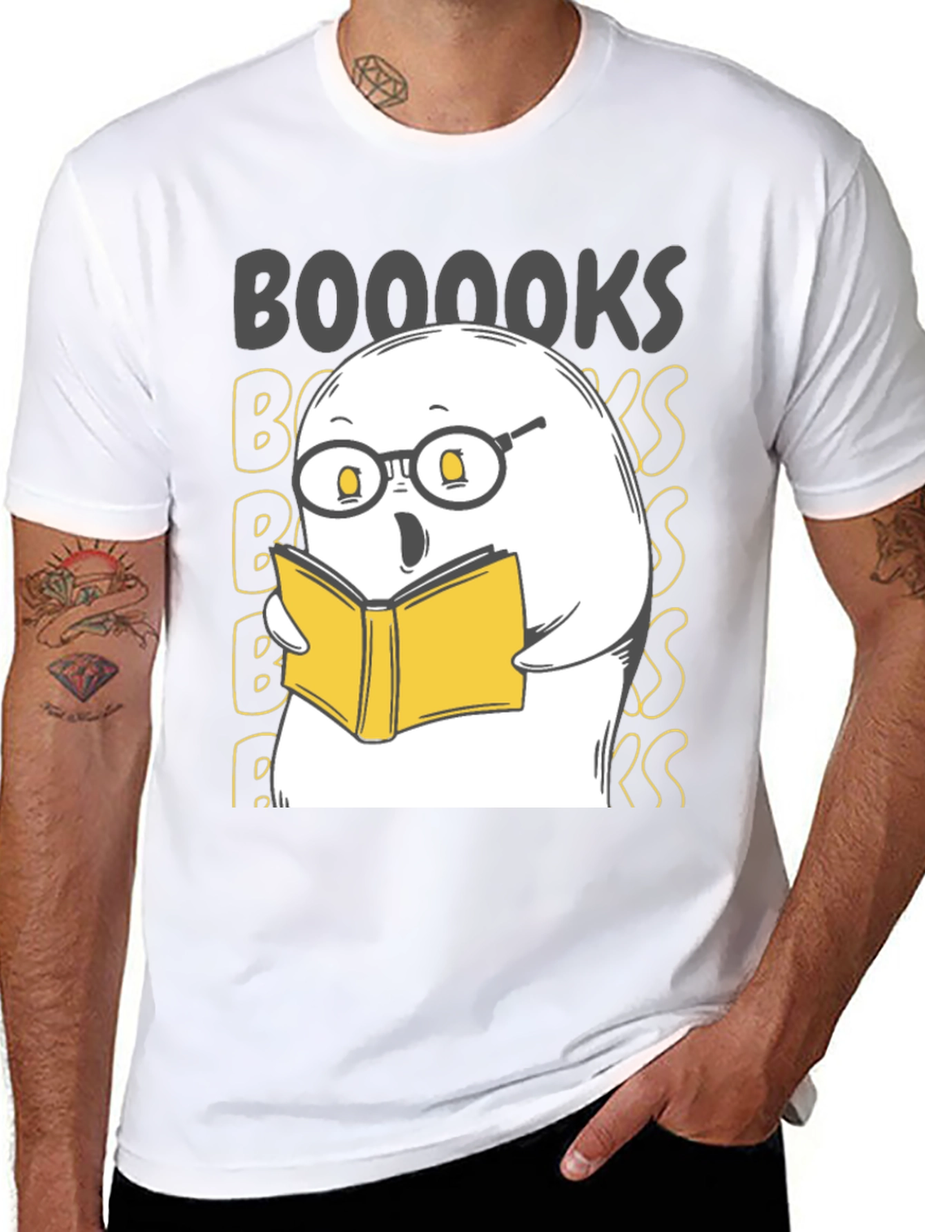 Black Funny Ghost Reading Book T-Shirt - BOOOOOKS! view 8