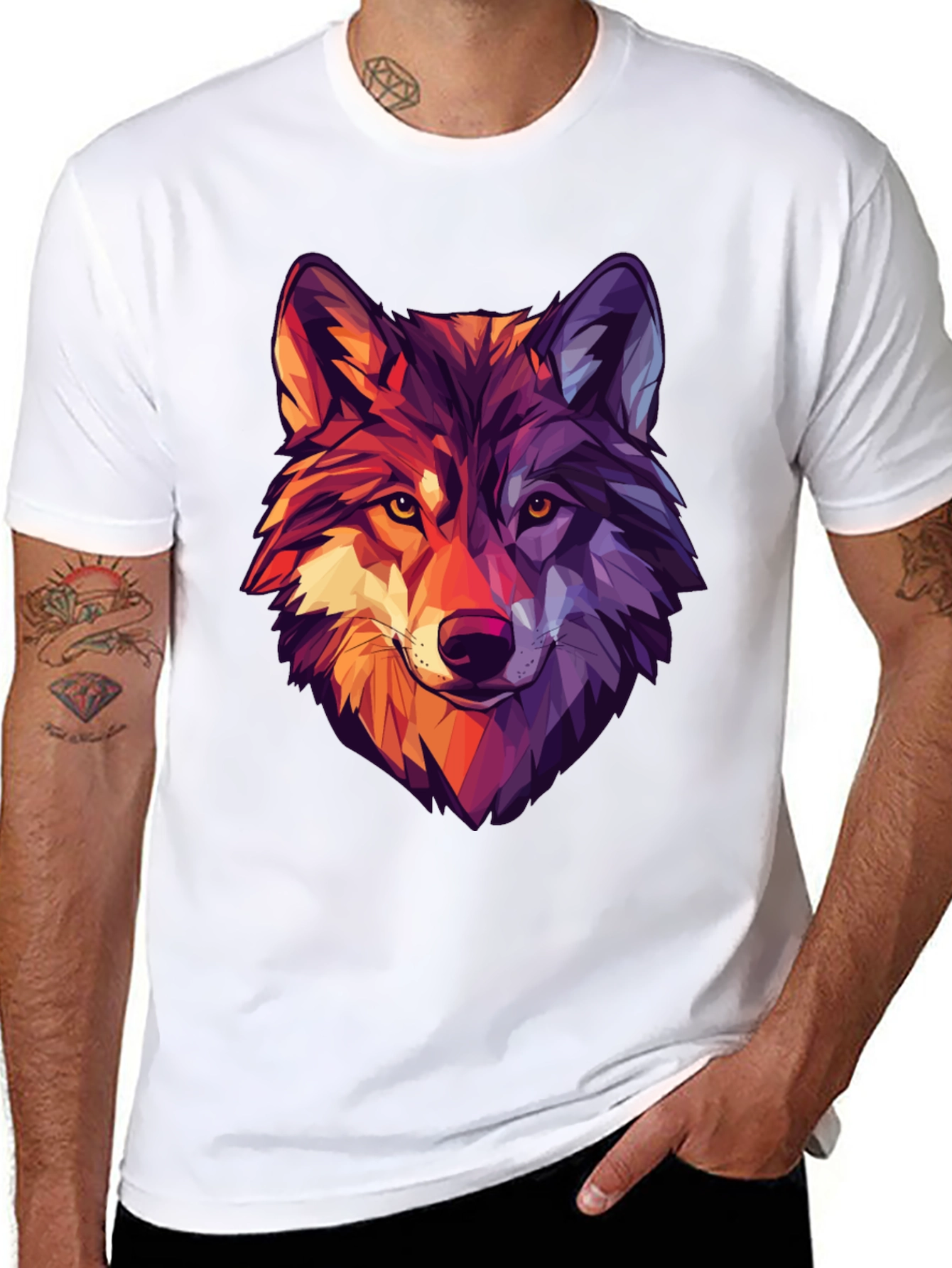 Black Geometric Wolf Graphic Print Black T-Shirt view 8