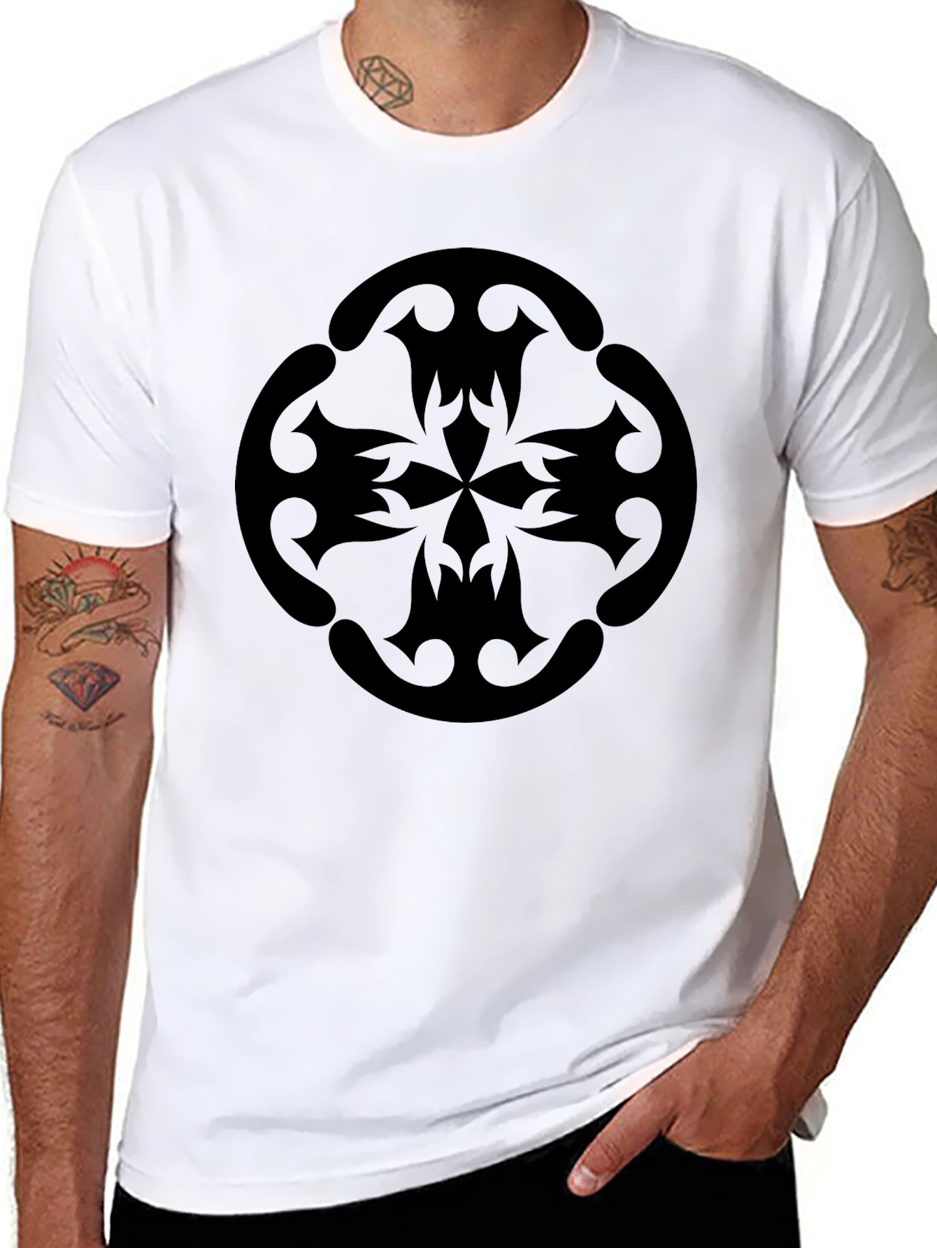 Black Black Graphic Tee - Tribal Style Cross Design view 8