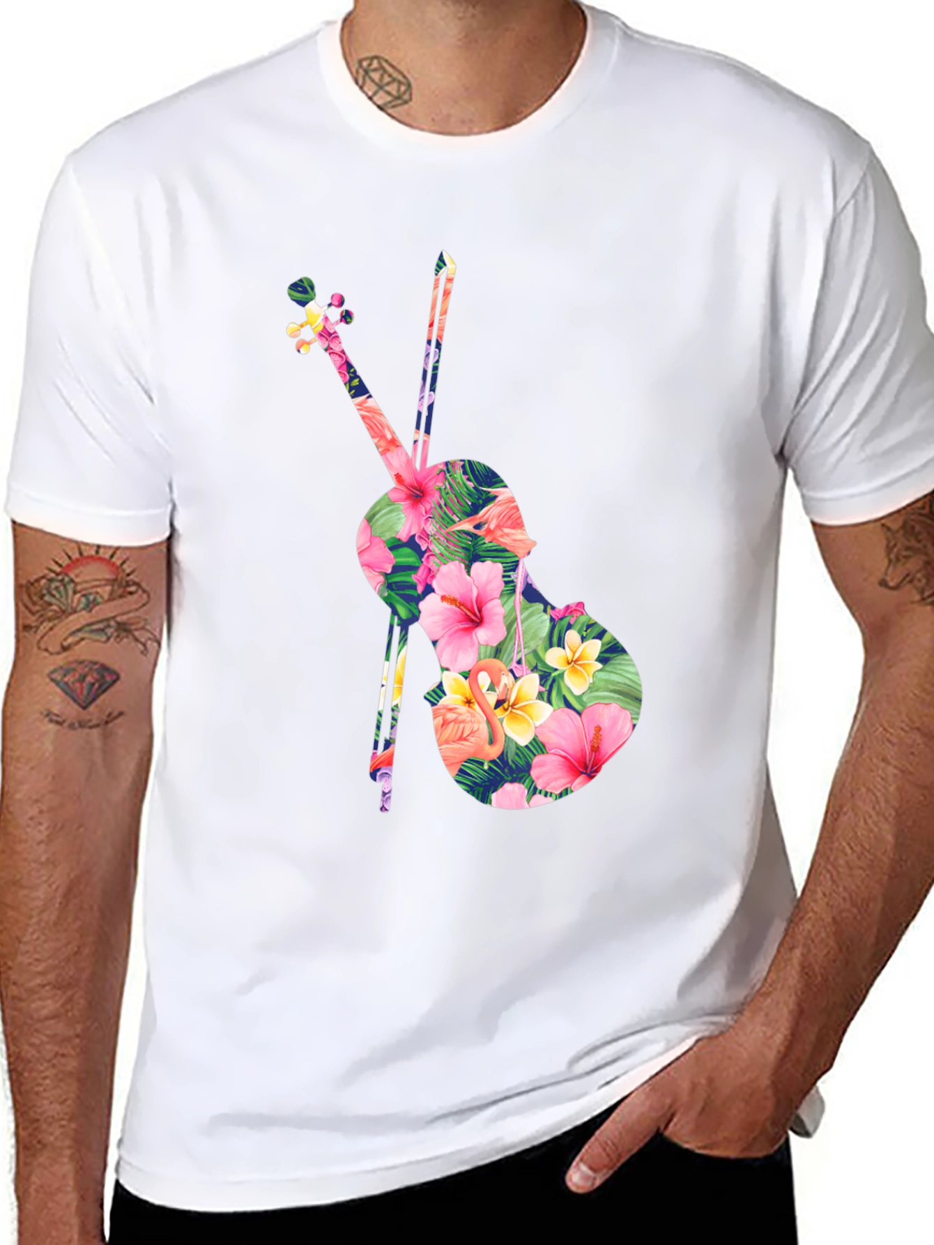 Black Floral Violin Graphic Tee - Tropical Music Lover Shirt view 8