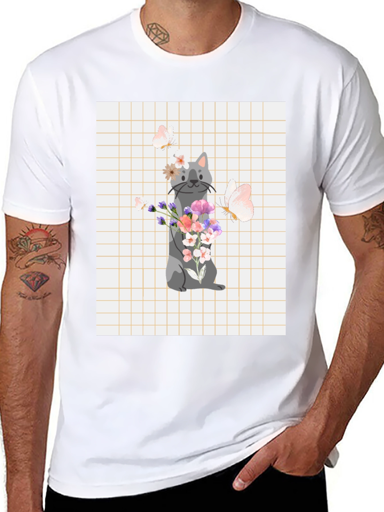 Black Cute Cat with Flowers Graphic T-Shirt view 8