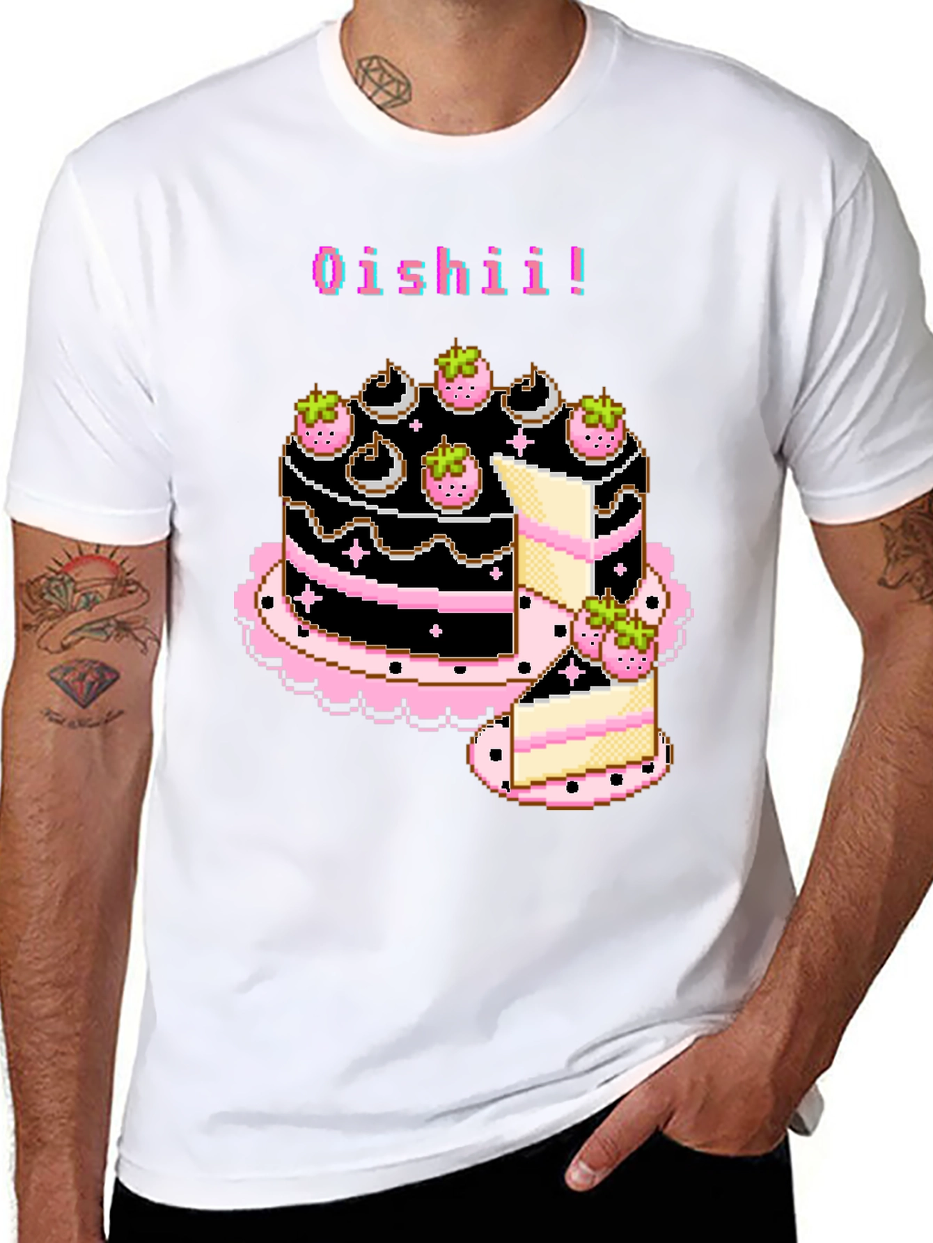 Black Pixel Art Oishii Cake T-Shirt view 8