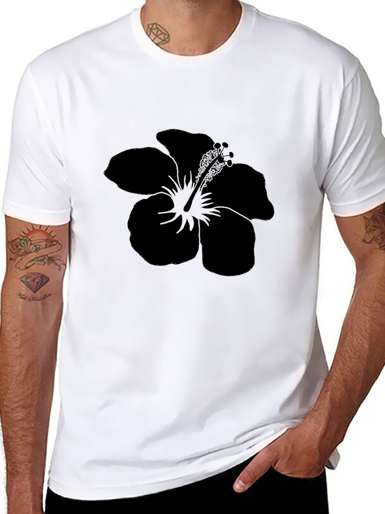 Black Black Hibiscus Flower Graphic Tee view 8