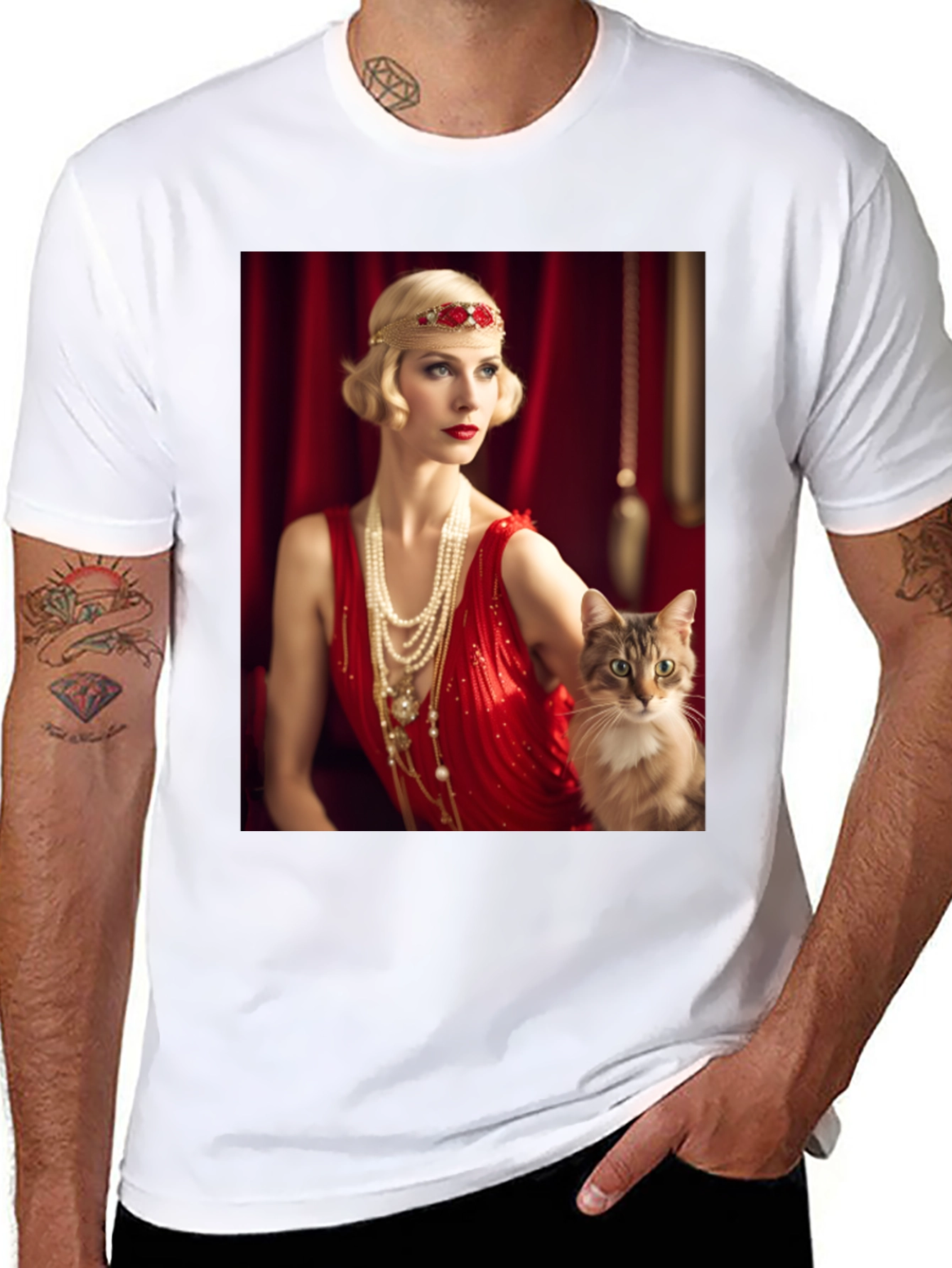 Black Retro Glam T-Shirt: Woman & Cat view 8