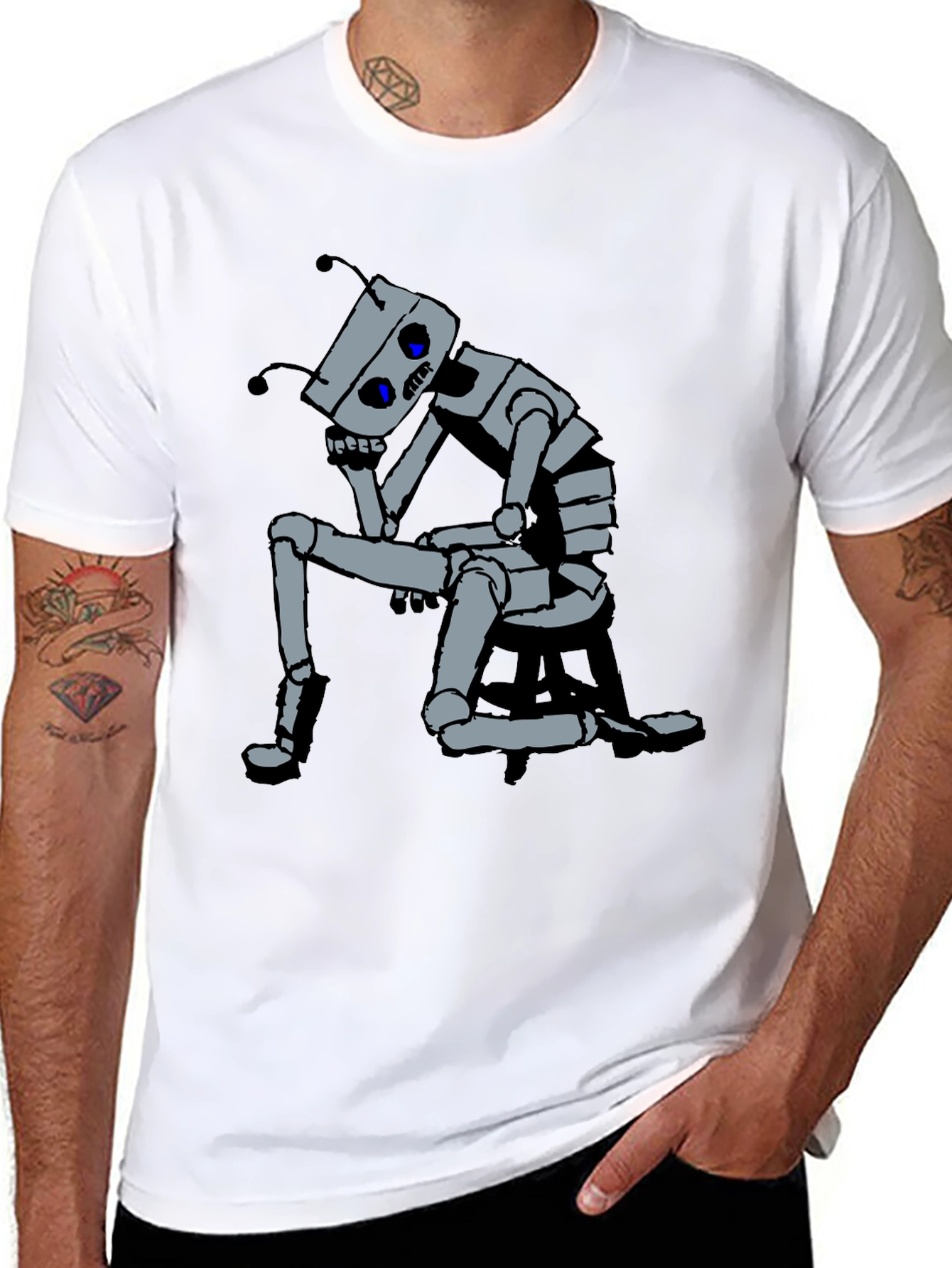 Black Robot Thoughtful Graphic Tee - Black Cotton view 8