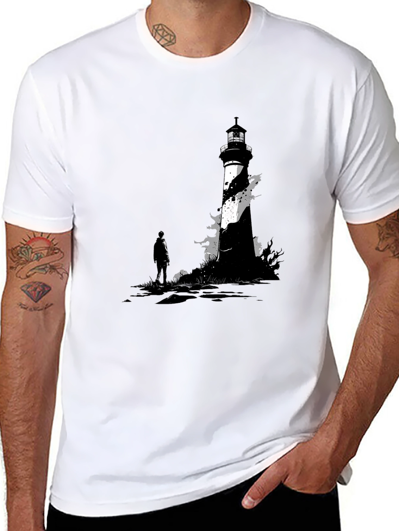 Black Lighthouse Graphic Tee - Coastal Style T-Shirt view 8