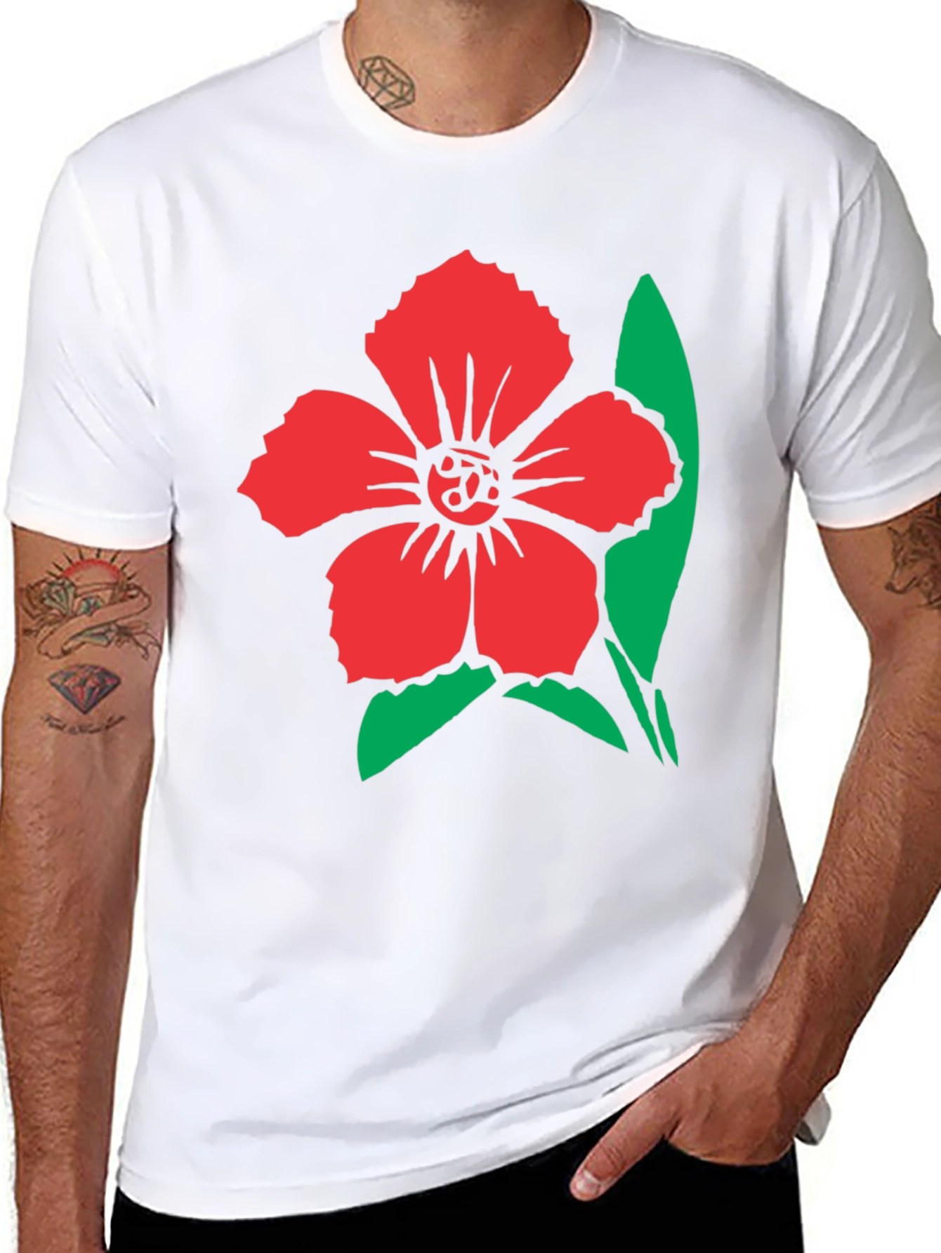 Black Floral Graphic Tee - Red Flower Design on Black Shirt view 8