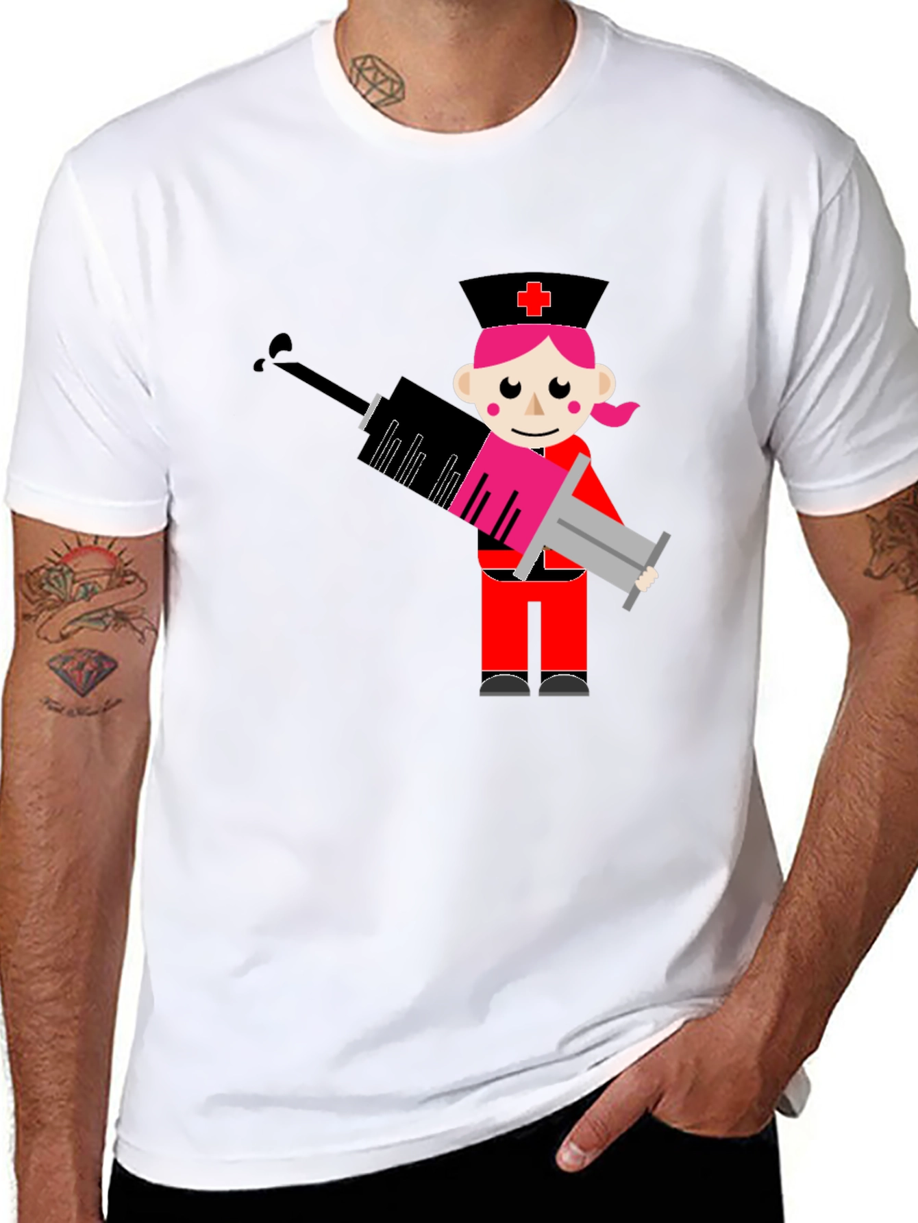 Black Cartoon Nurse Syringe Graphic T-Shirt - Black Cotton Tee view 8