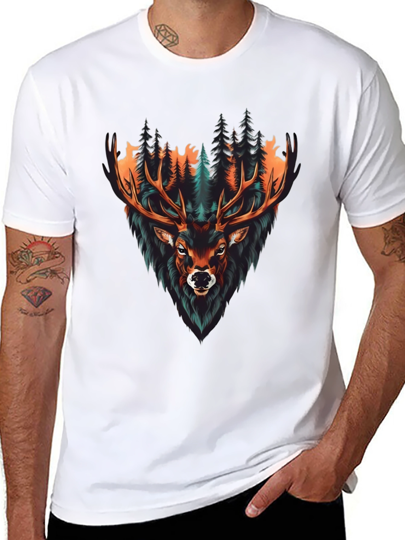 Black Men's Graphic Tee - Deer in Forest view 8