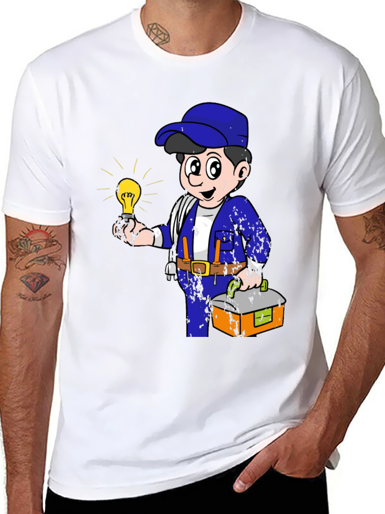 Black Electrician Cartoon Graphic T-Shirt view 8